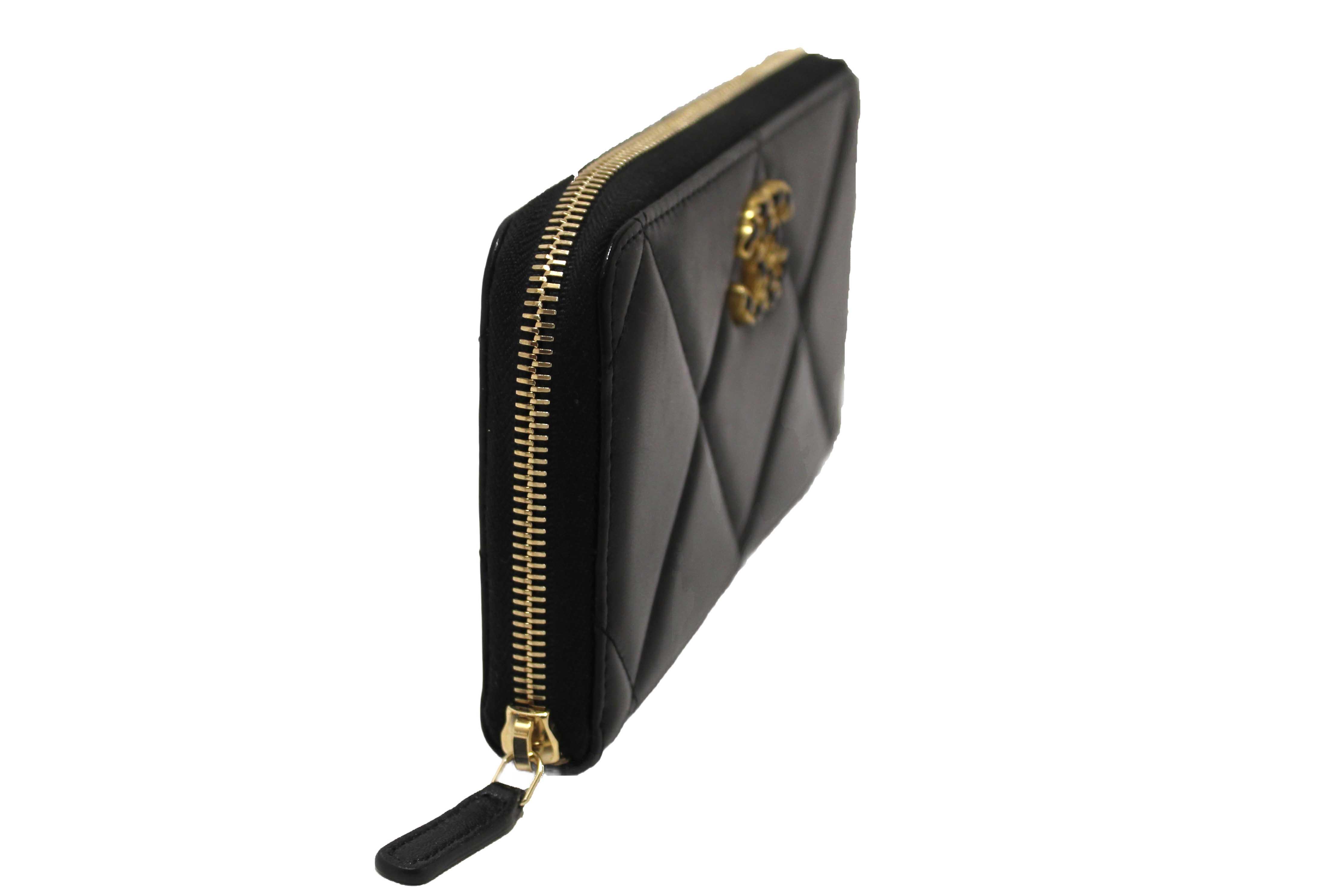 Authentic Chanel 19 Black Quilted Lambskin Leather Long Zip Around Wallet