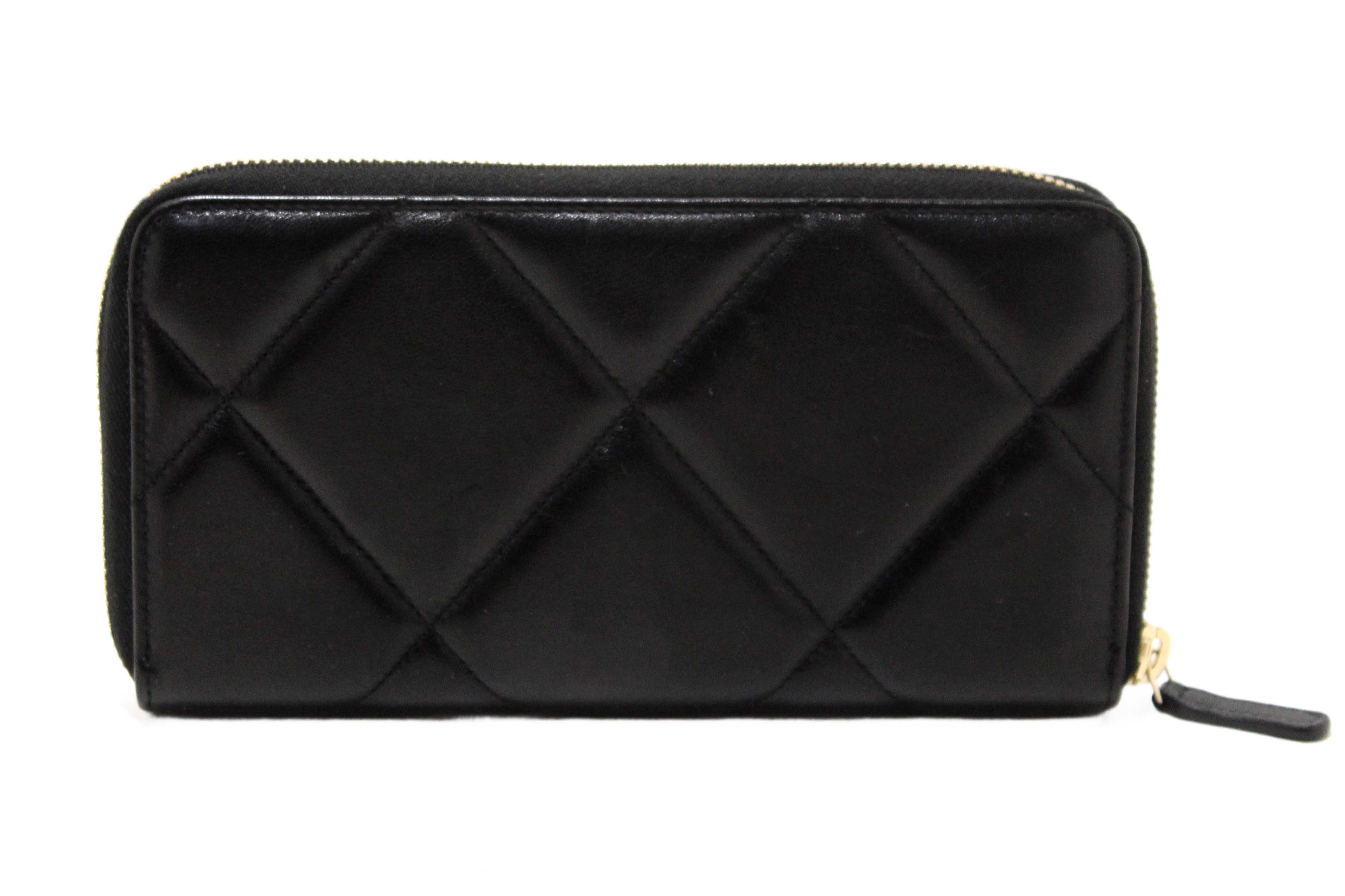 Authentic Chanel 19 Black Quilted Lambskin Leather Long Zip Around Wallet