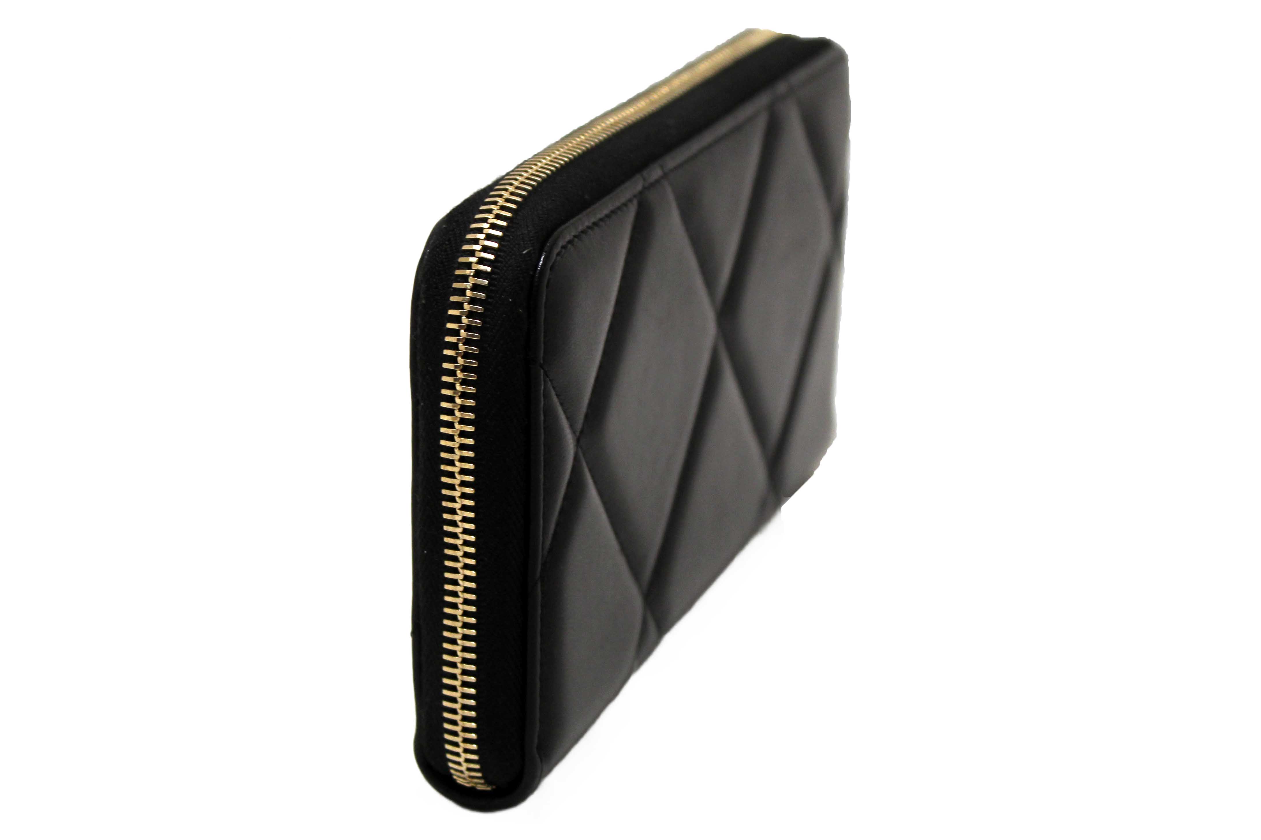 Authentic Chanel 19 Black Quilted Lambskin Leather Long Zip Around Wallet