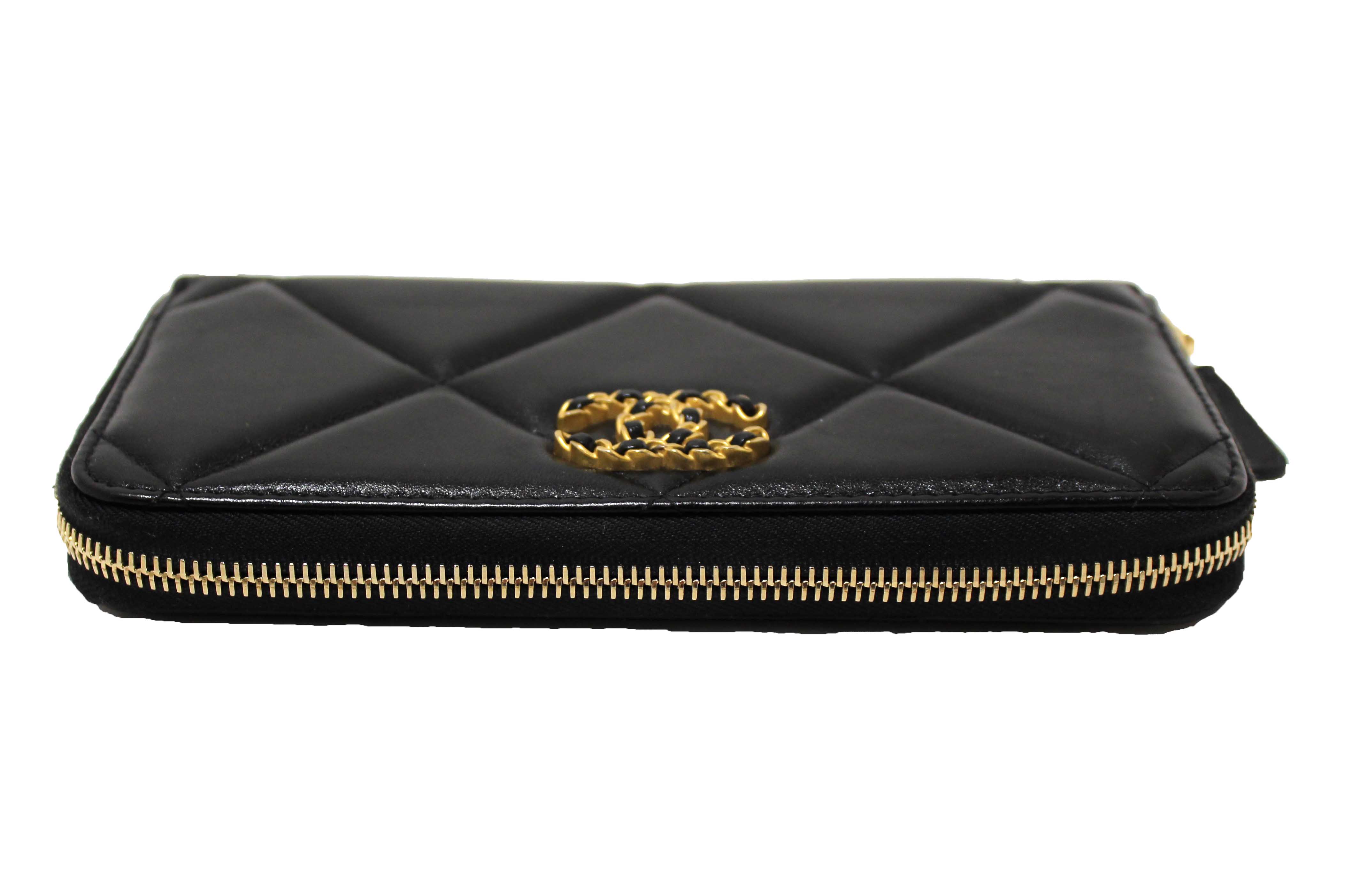 Authentic Chanel 19 Black Quilted Lambskin Leather Long Zip Around Wallet