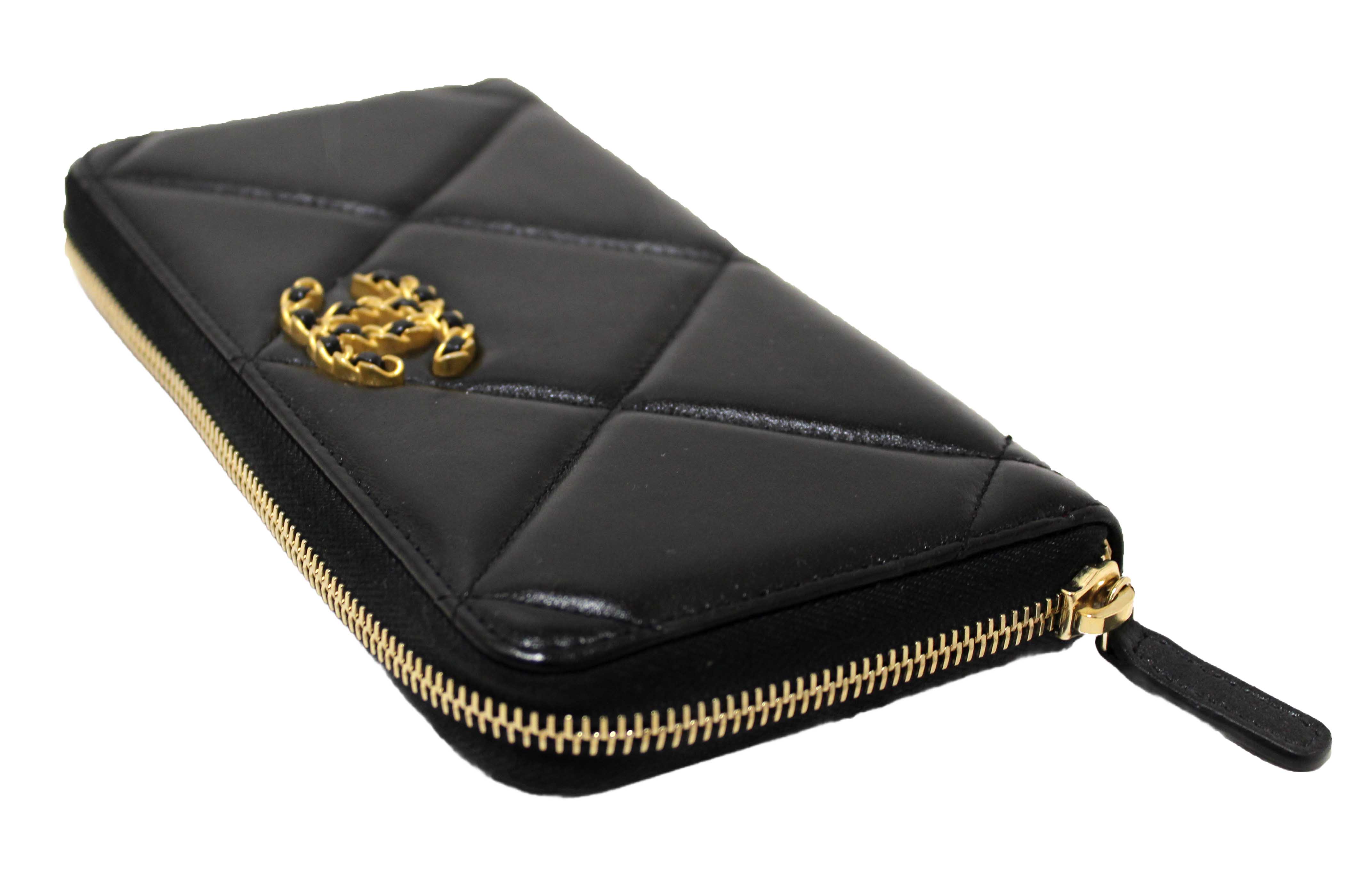 Authentic Chanel 19 Black Quilted Lambskin Leather Long Zip Around Wallet