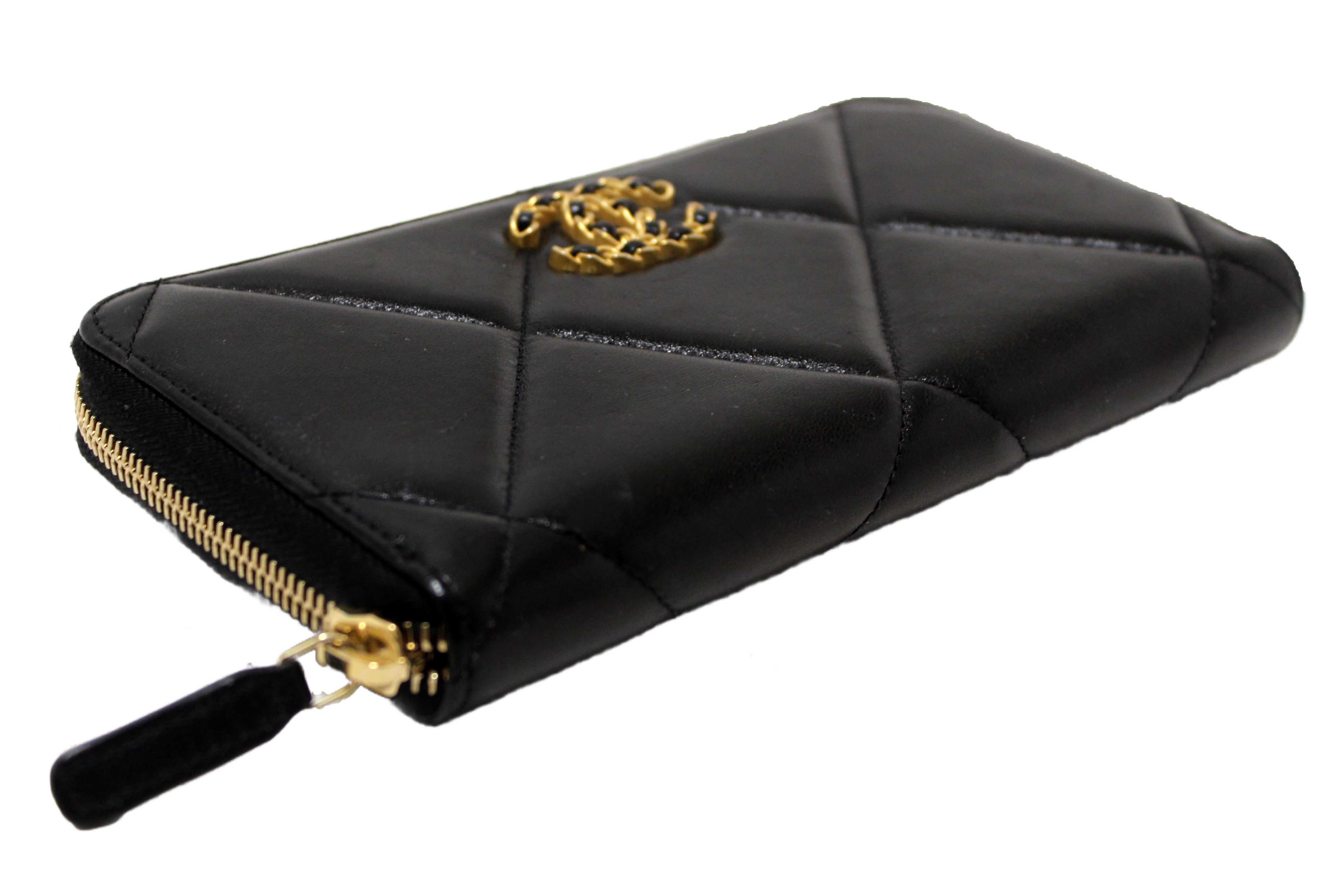 Authentic Chanel 19 Black Quilted Lambskin Leather Long Zip Around Wallet