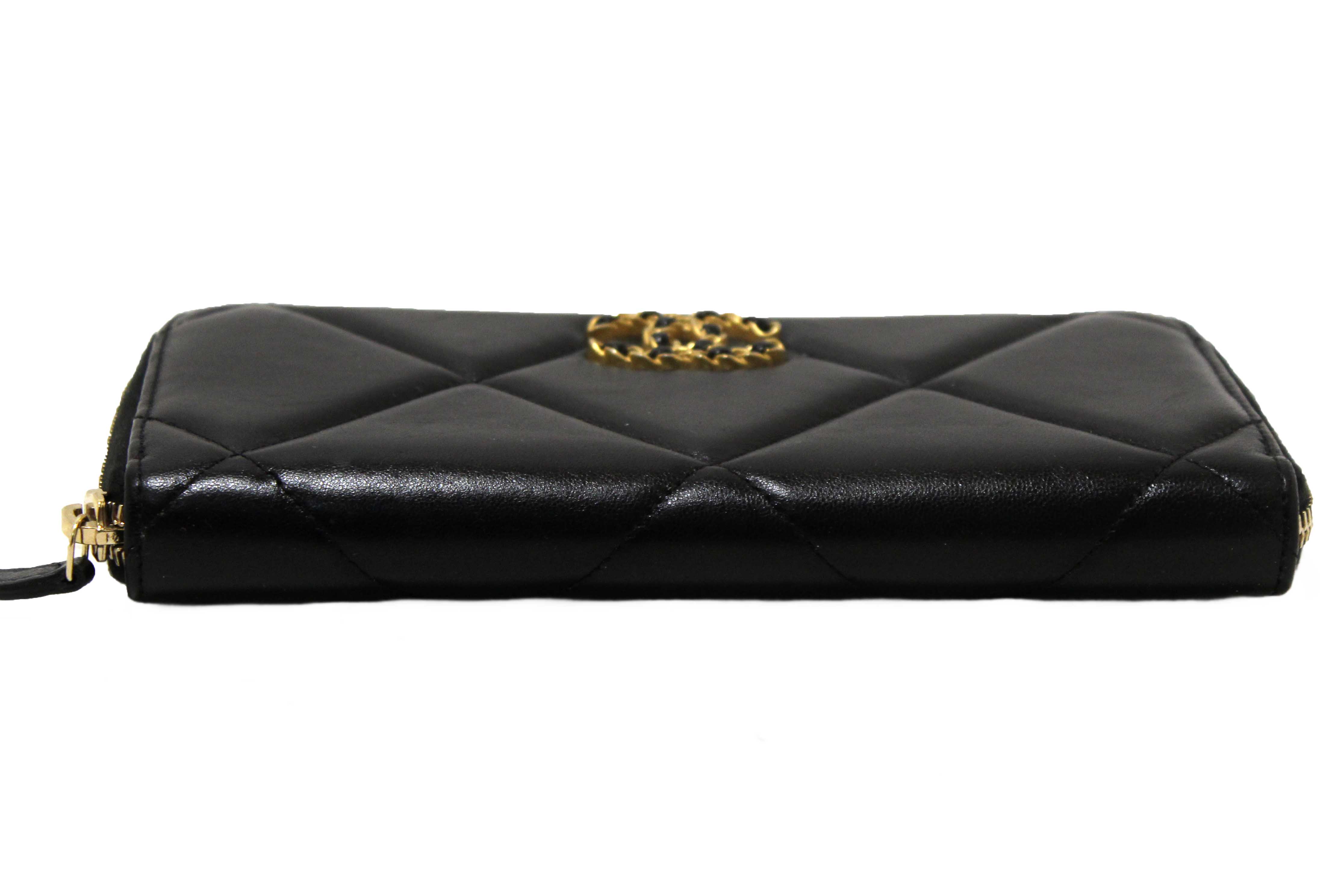 Authentic Chanel 19 Black Quilted Lambskin Leather Long Zip Around Wallet