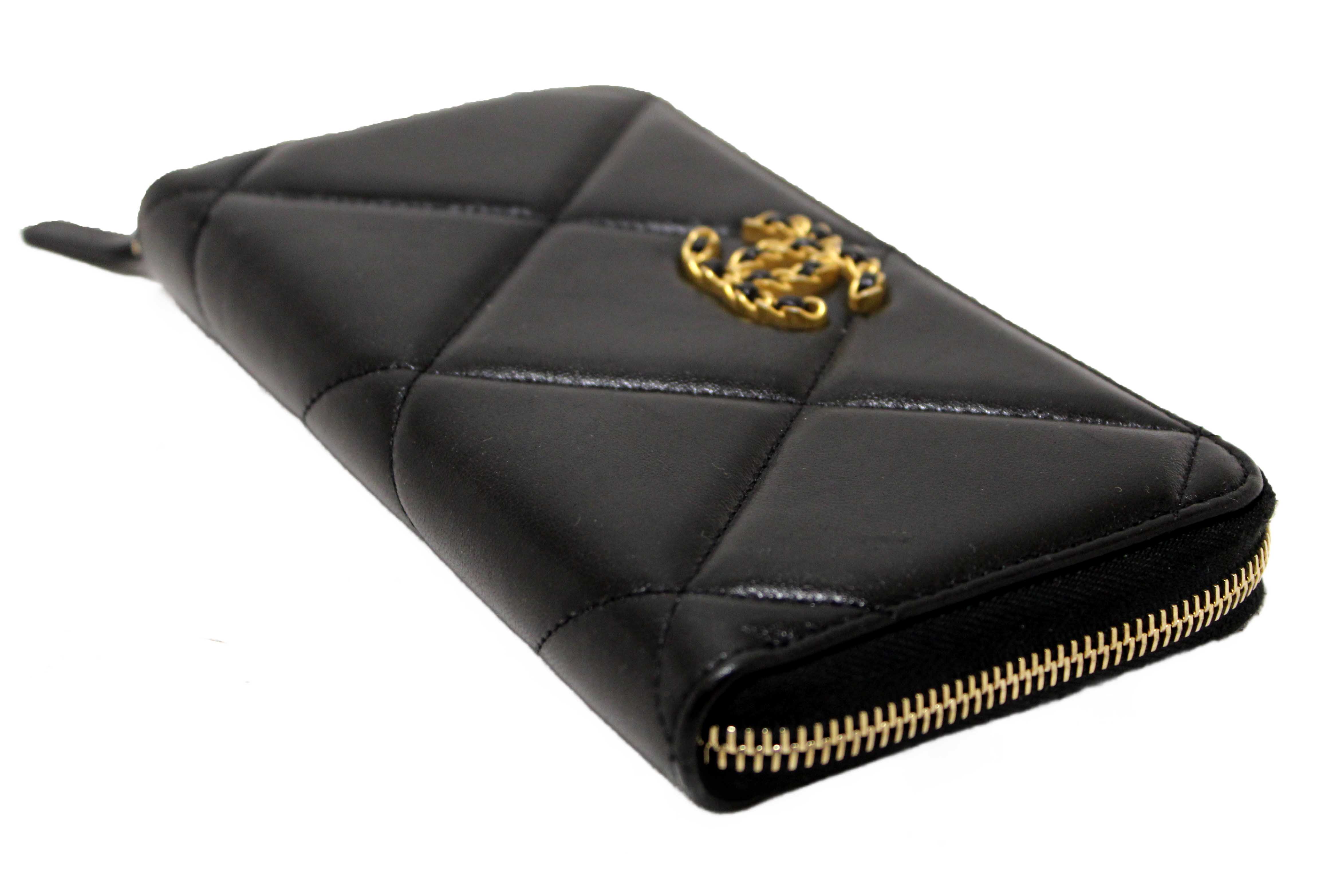 Authentic Chanel 19 Black Quilted Lambskin Leather Long Zip Around Wallet