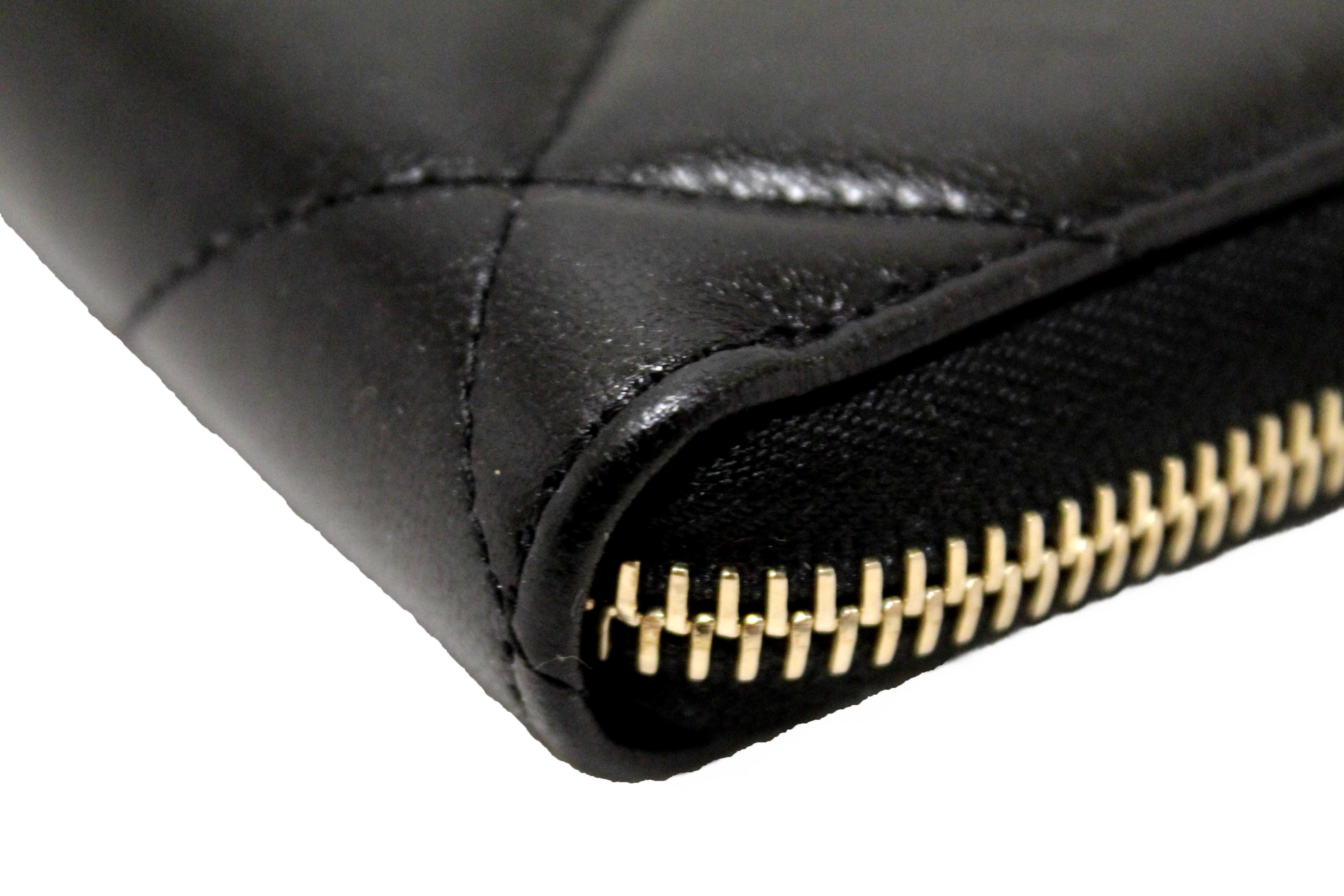 Authentic Chanel 19 Black Quilted Lambskin Leather Long Zip Around Wallet