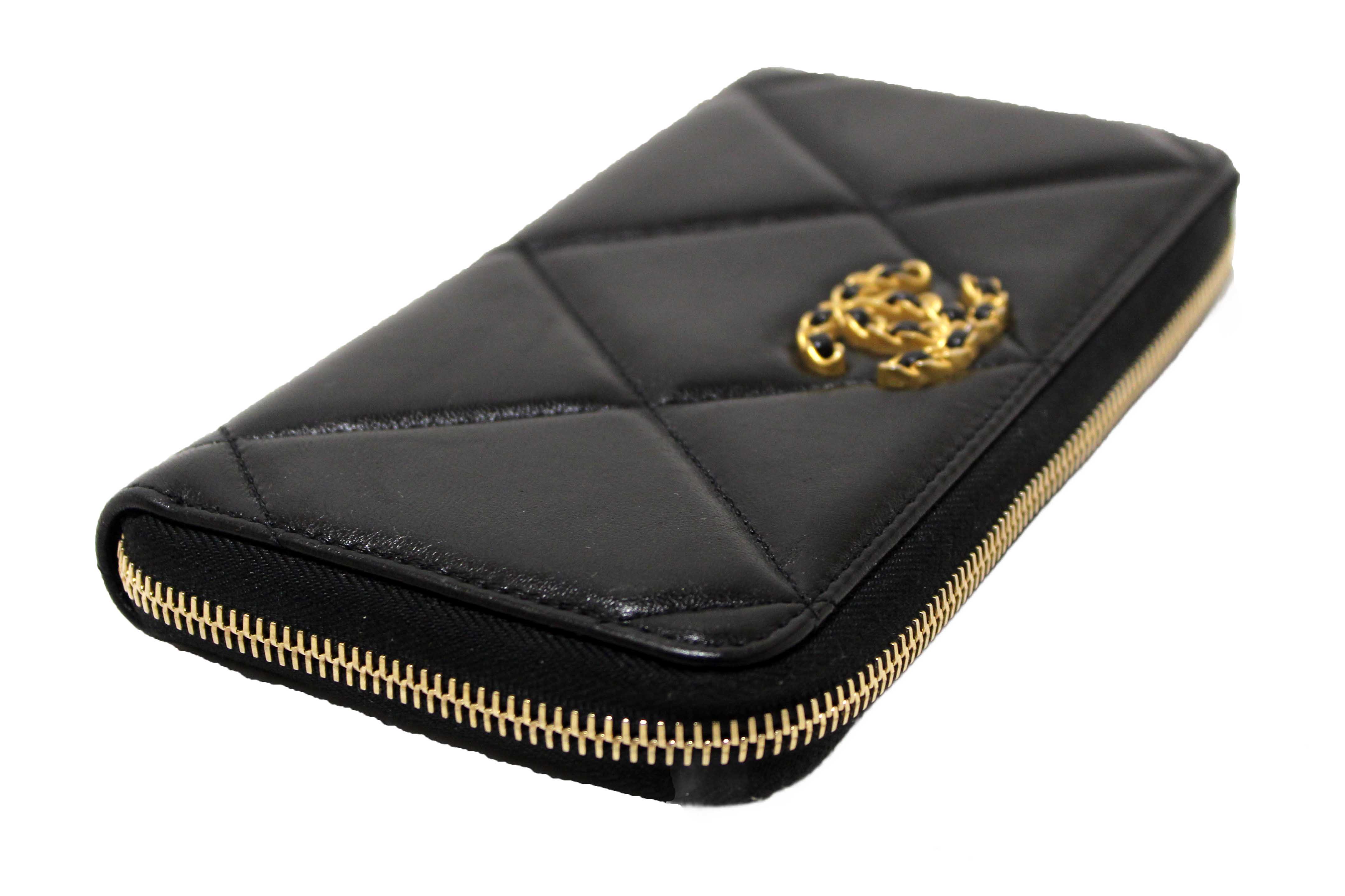Authentic Chanel 19 Black Quilted Lambskin Leather Long Zip Around Wallet