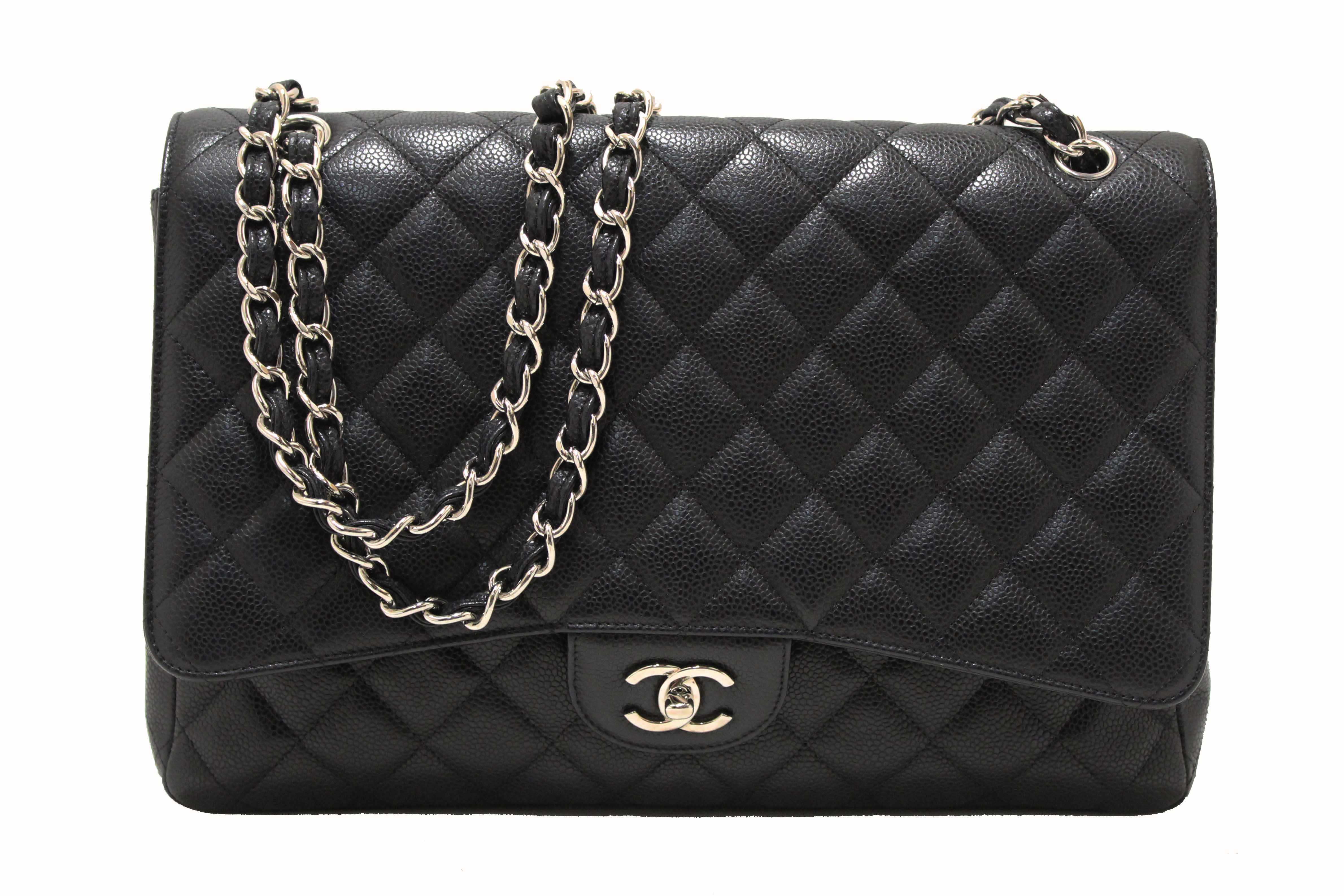 Authentic Chanel Classic Black Single Flap Caviar Leather Maxi Chain Shoulder Bag