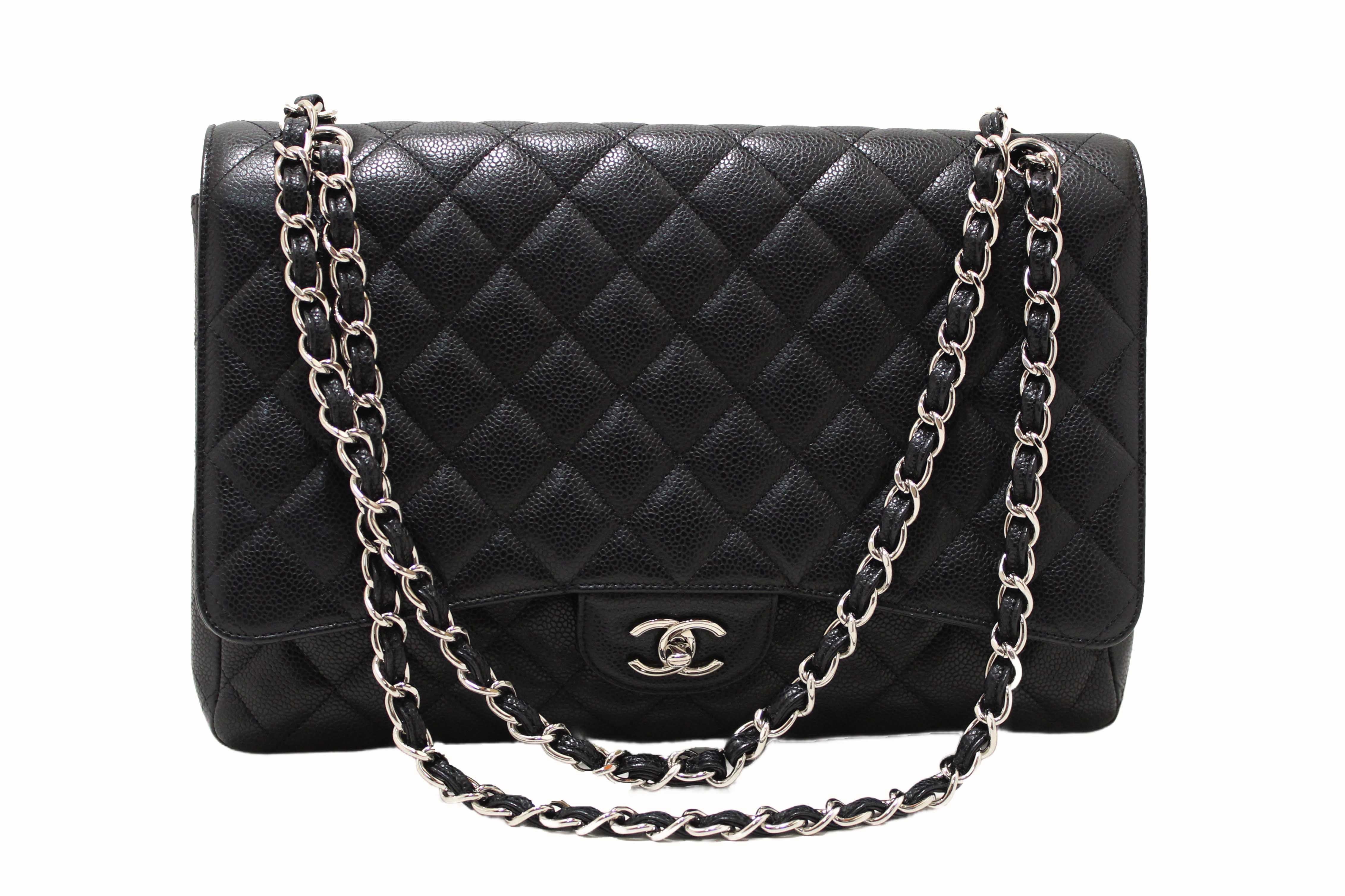 Authentic Chanel Classic Black Single Flap Caviar Leather Maxi Chain Shoulder Bag