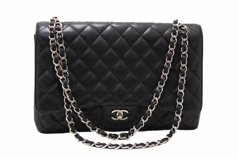 Authentic Chanel Classic Black Single Flap Caviar Leather Maxi Chain Shoulder Bag