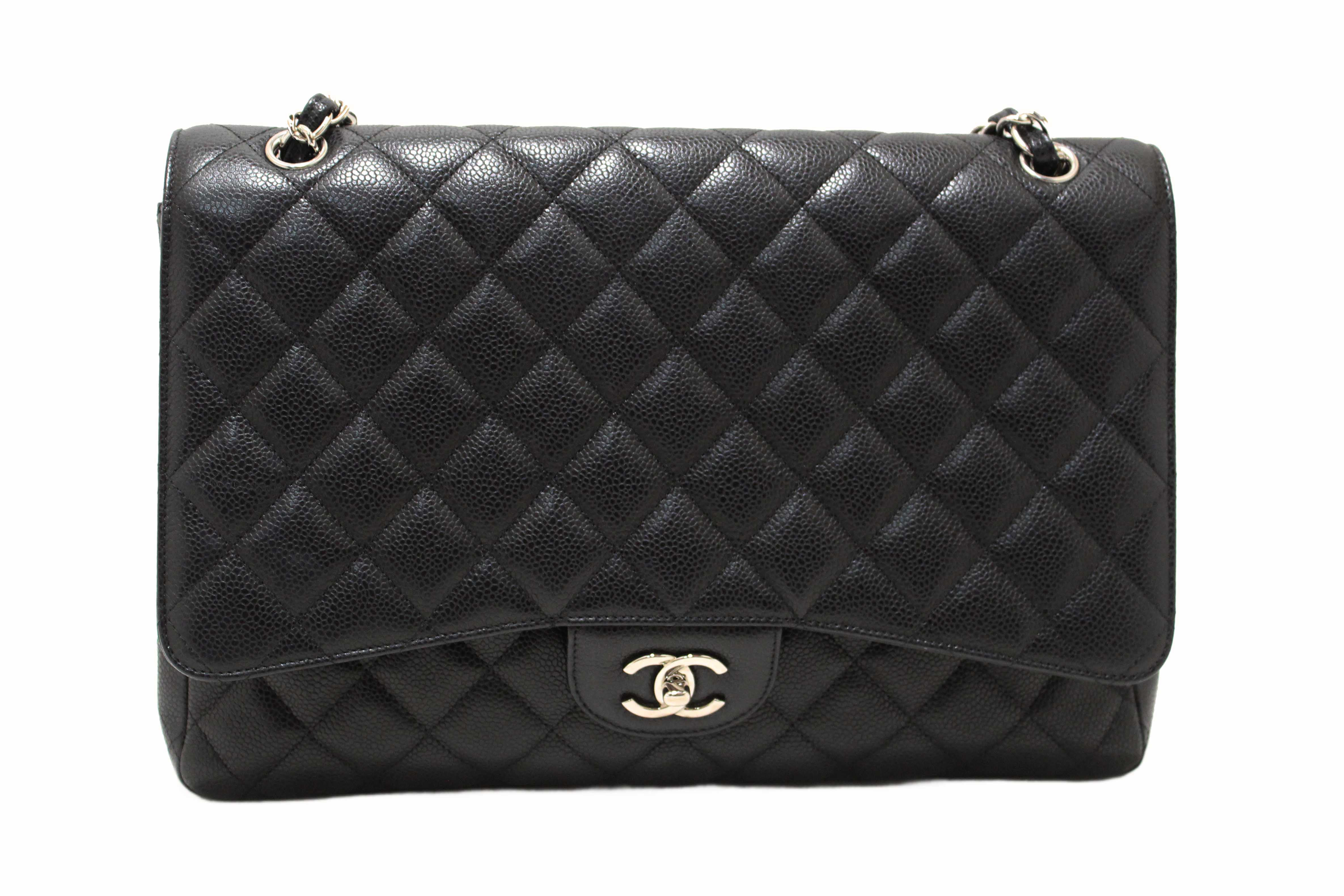 Authentic Chanel Classic Black Single Flap Caviar Leather Maxi Chain Shoulder Bag