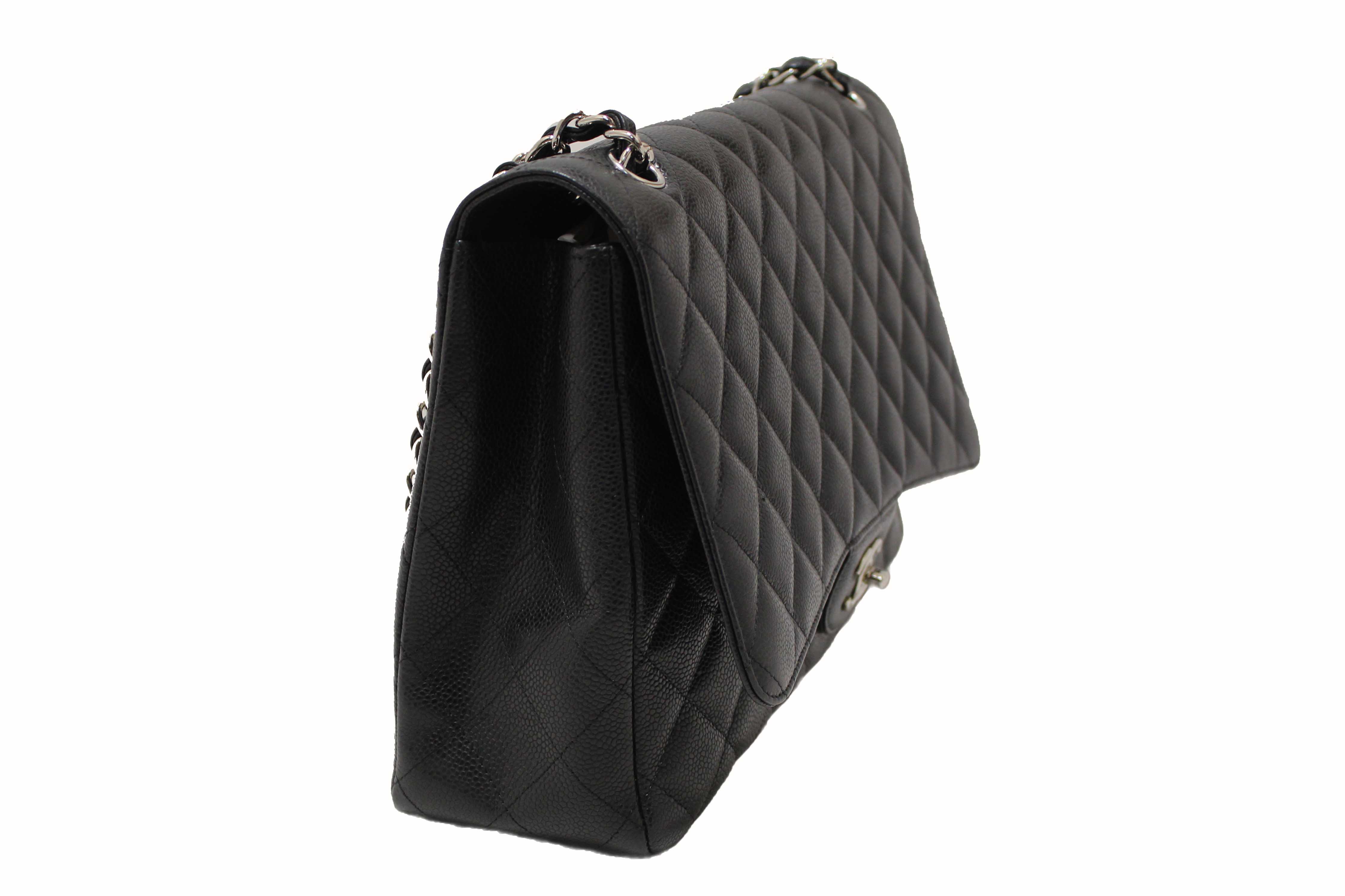 Authentic Chanel Classic Black Single Flap Caviar Leather Maxi Chain Shoulder Bag