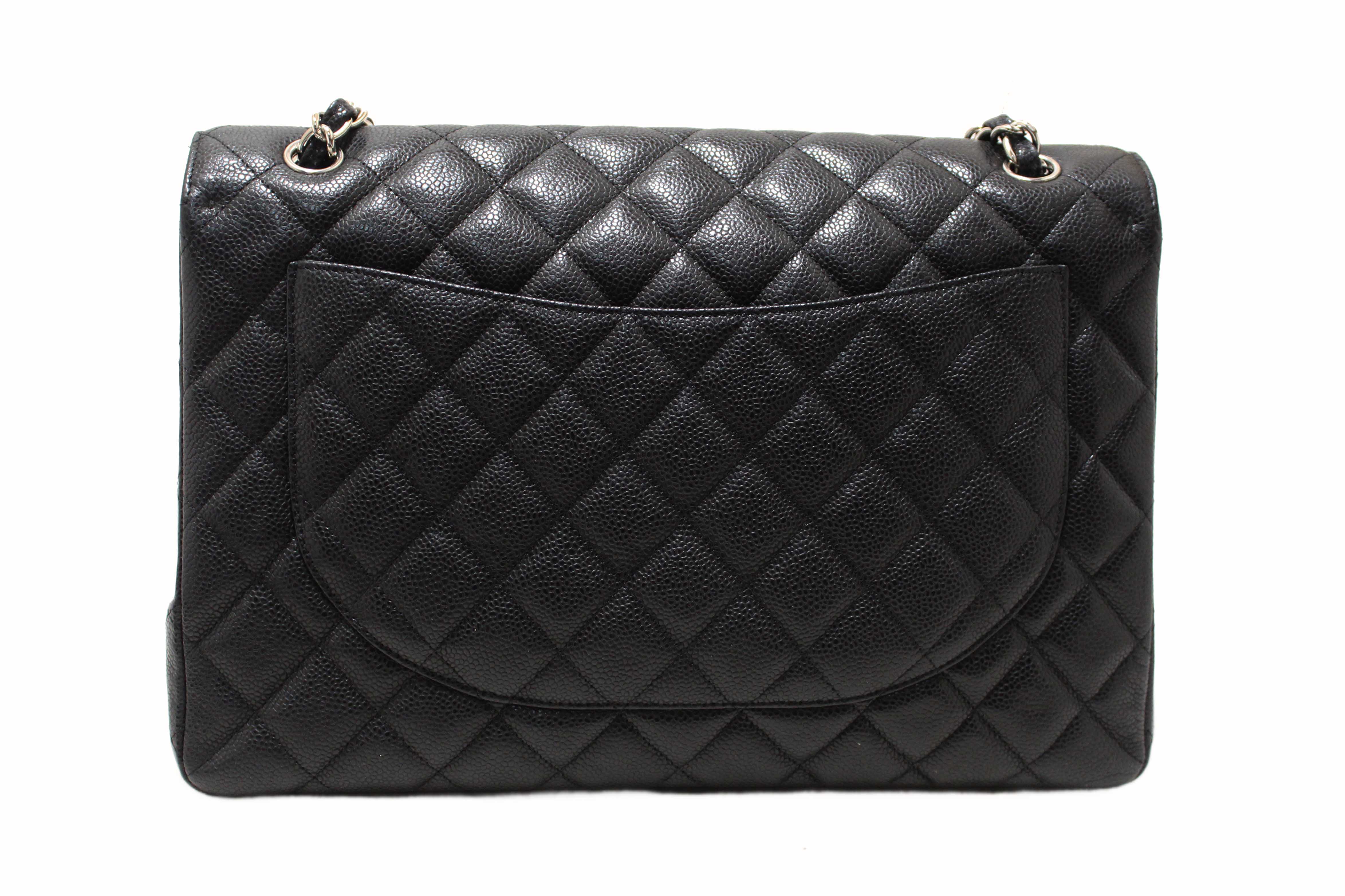 Authentic Chanel Classic Black Single Flap Caviar Leather Maxi Chain Shoulder Bag
