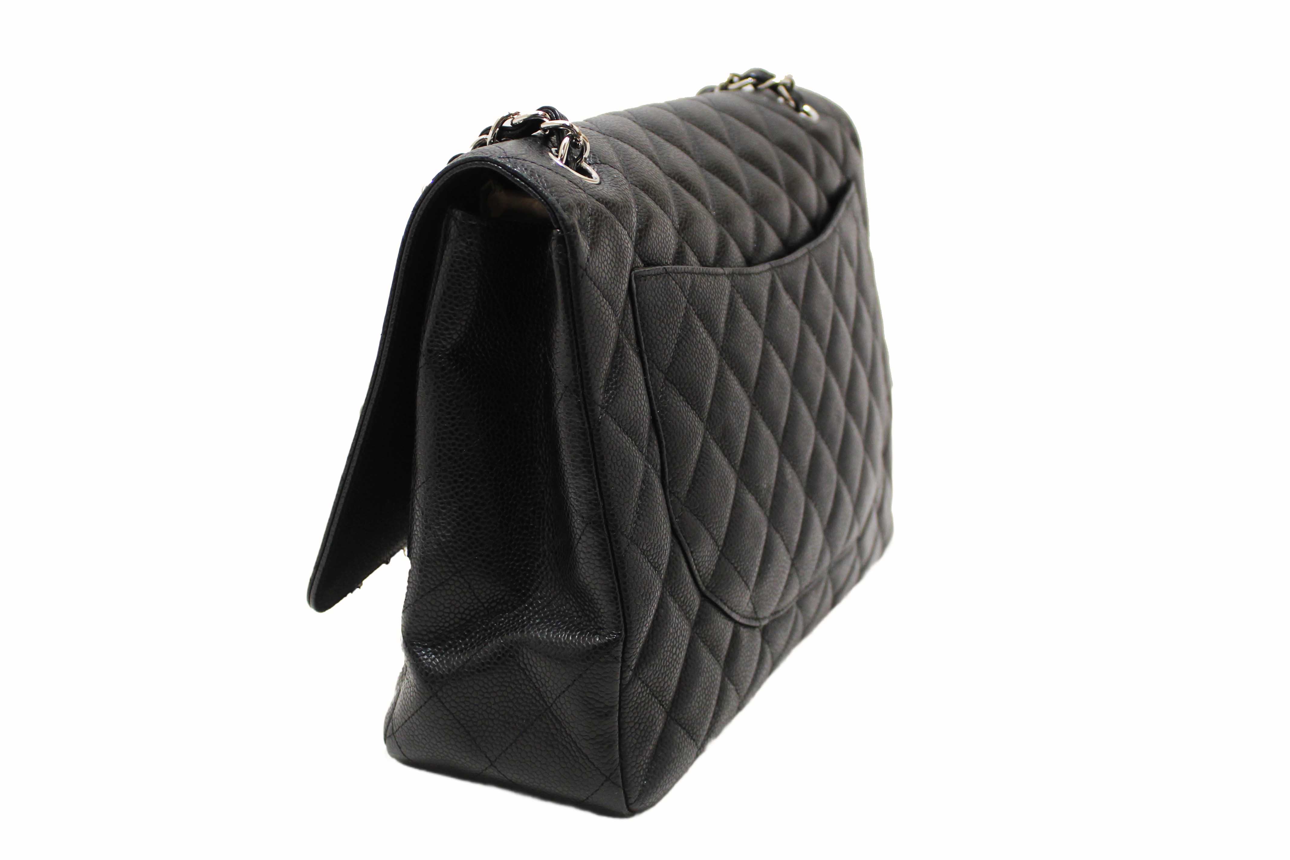 Authentic Chanel Classic Black Single Flap Caviar Leather Maxi Chain Shoulder Bag