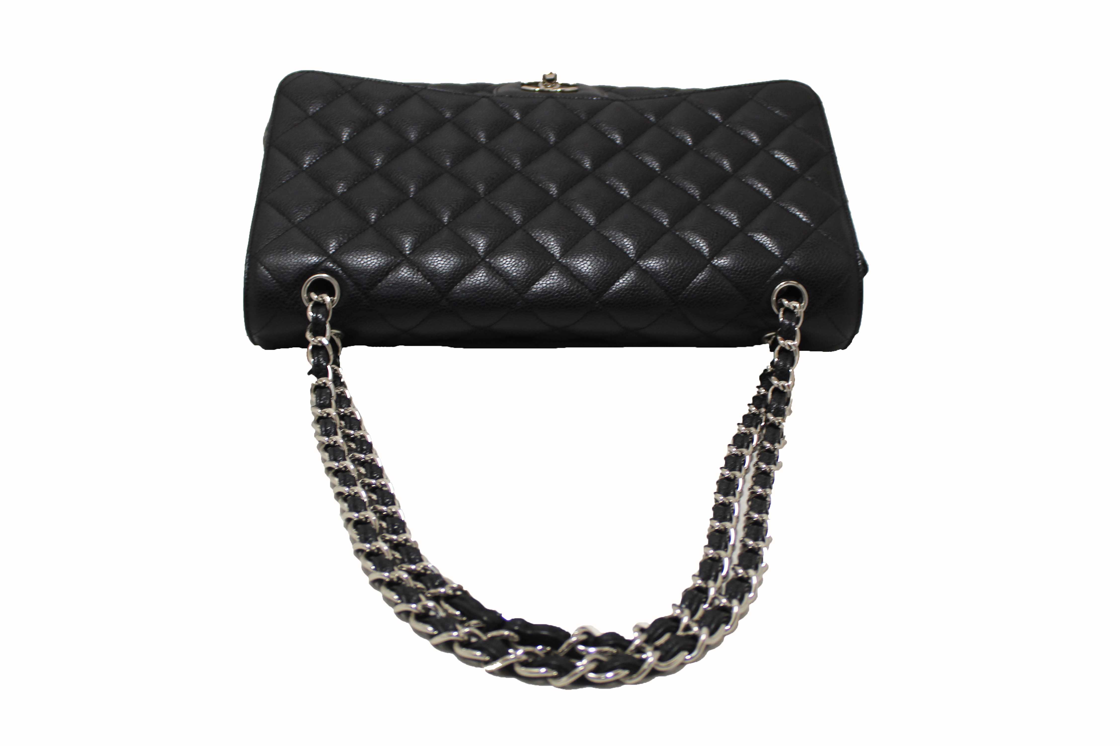 Authentic Chanel Classic Black Single Flap Caviar Leather Maxi Chain Shoulder Bag