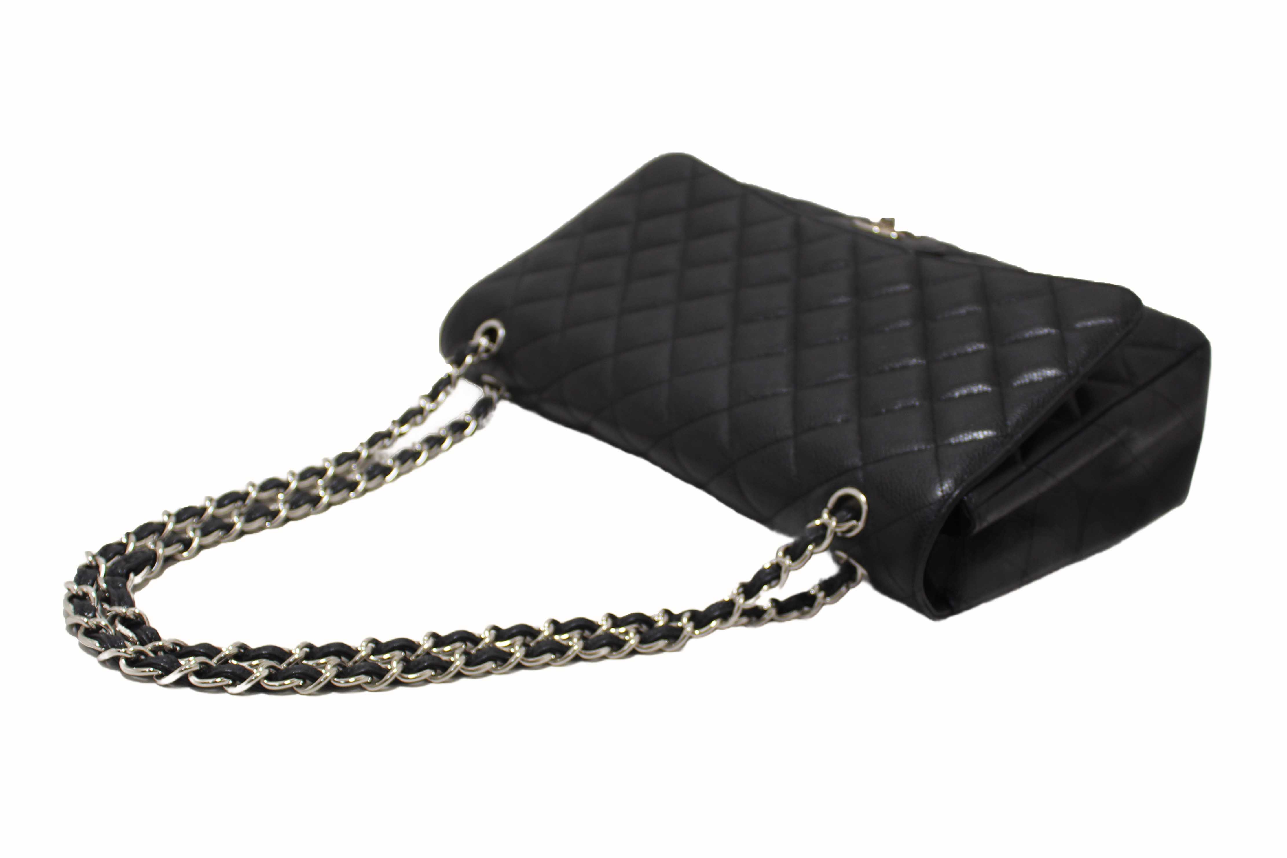 Authentic Chanel Classic Black Single Flap Caviar Leather Maxi Chain Shoulder Bag