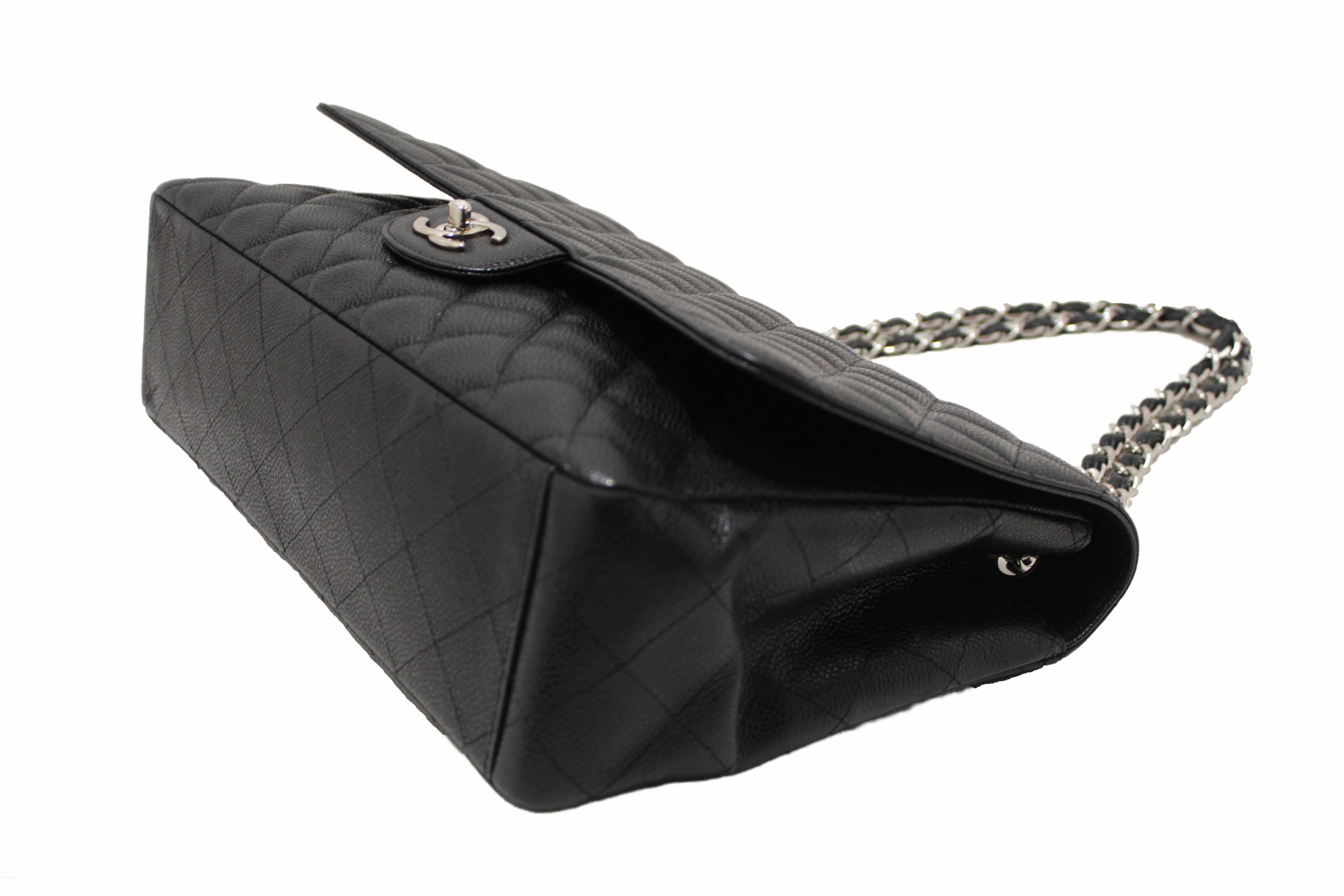 Authentic Chanel Classic Black Single Flap Caviar Leather Maxi Chain Shoulder Bag