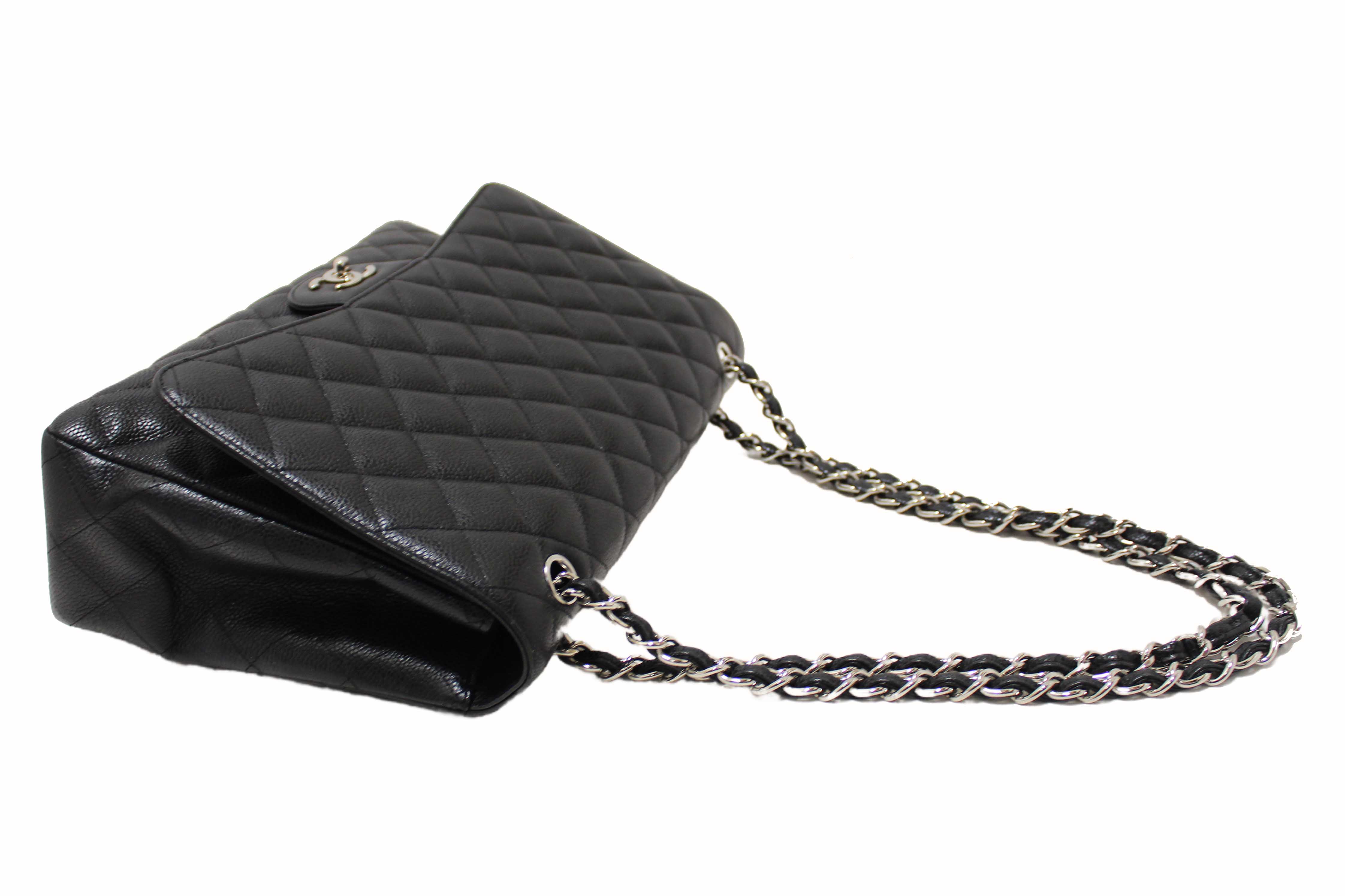 Authentic Chanel Classic Black Single Flap Caviar Leather Maxi Chain Shoulder Bag