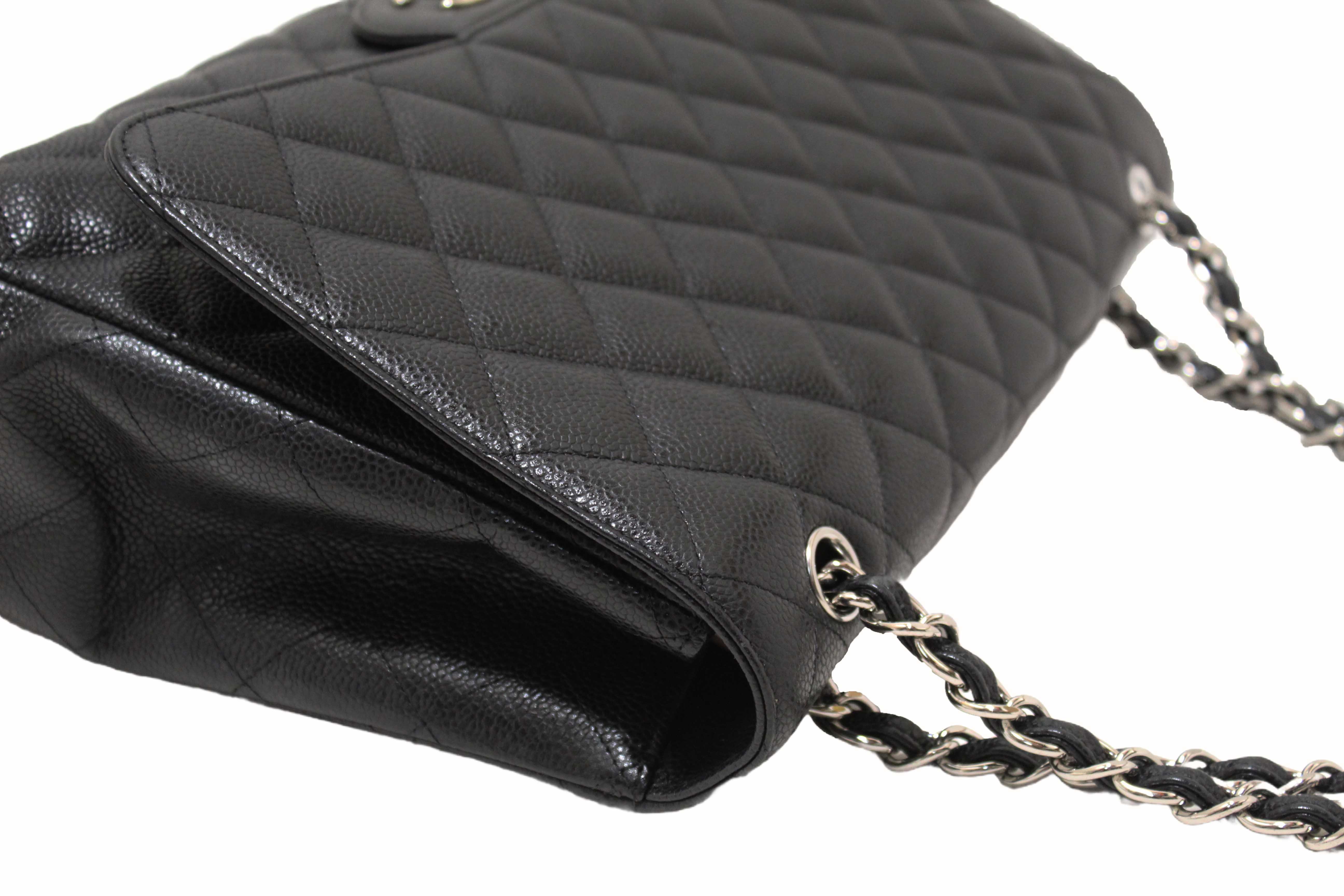 Authentic Chanel Classic Black Single Flap Caviar Leather Maxi Chain Shoulder Bag
