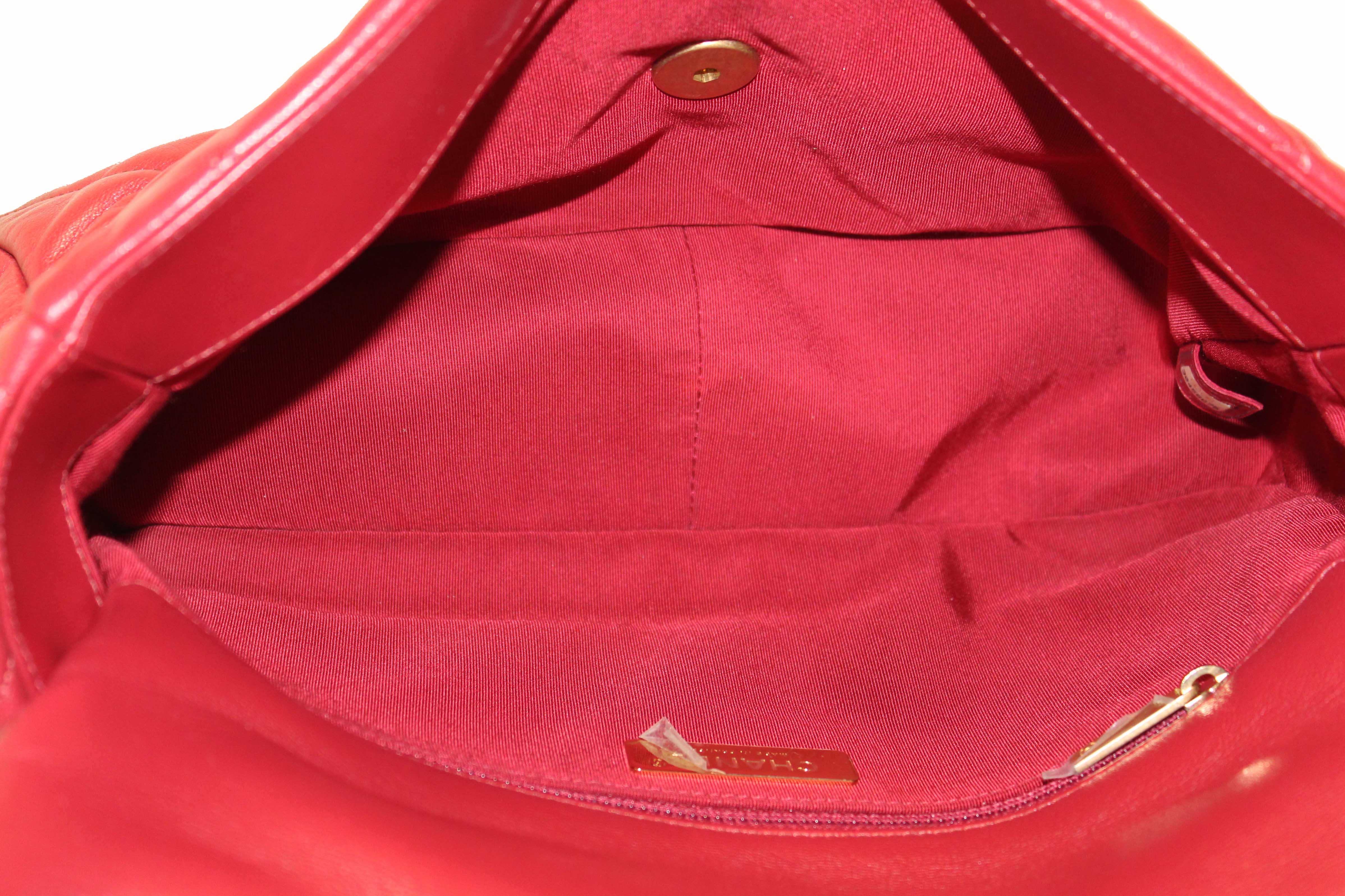 Authentic Chanel Red Quilted Lambskin Leather Chanel 19 Large Flap Shoulder Bag
