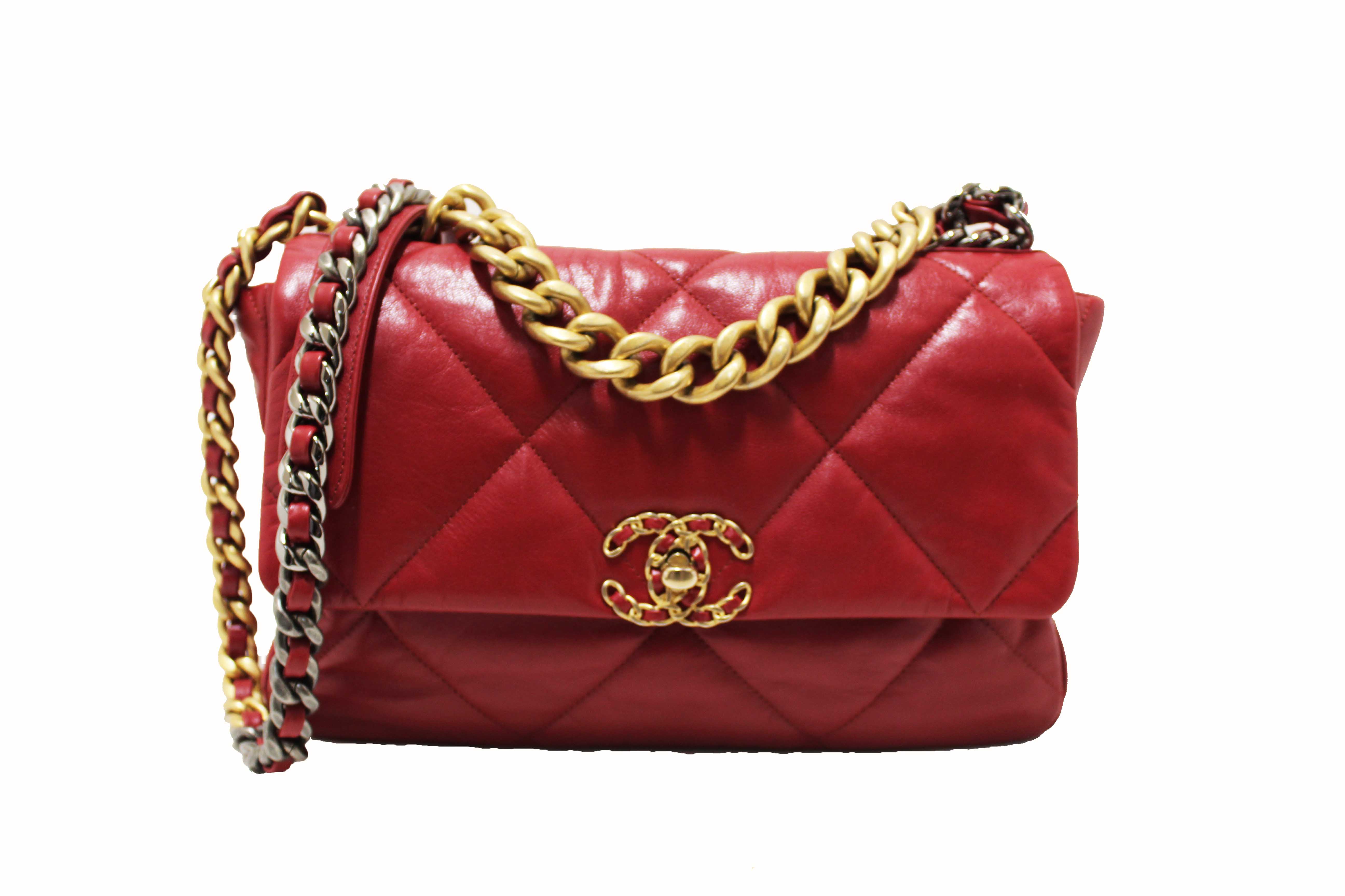 Authentic Chanel Red Quilted Lambskin Leather Chanel 19 Large Flap Shoulder Bag