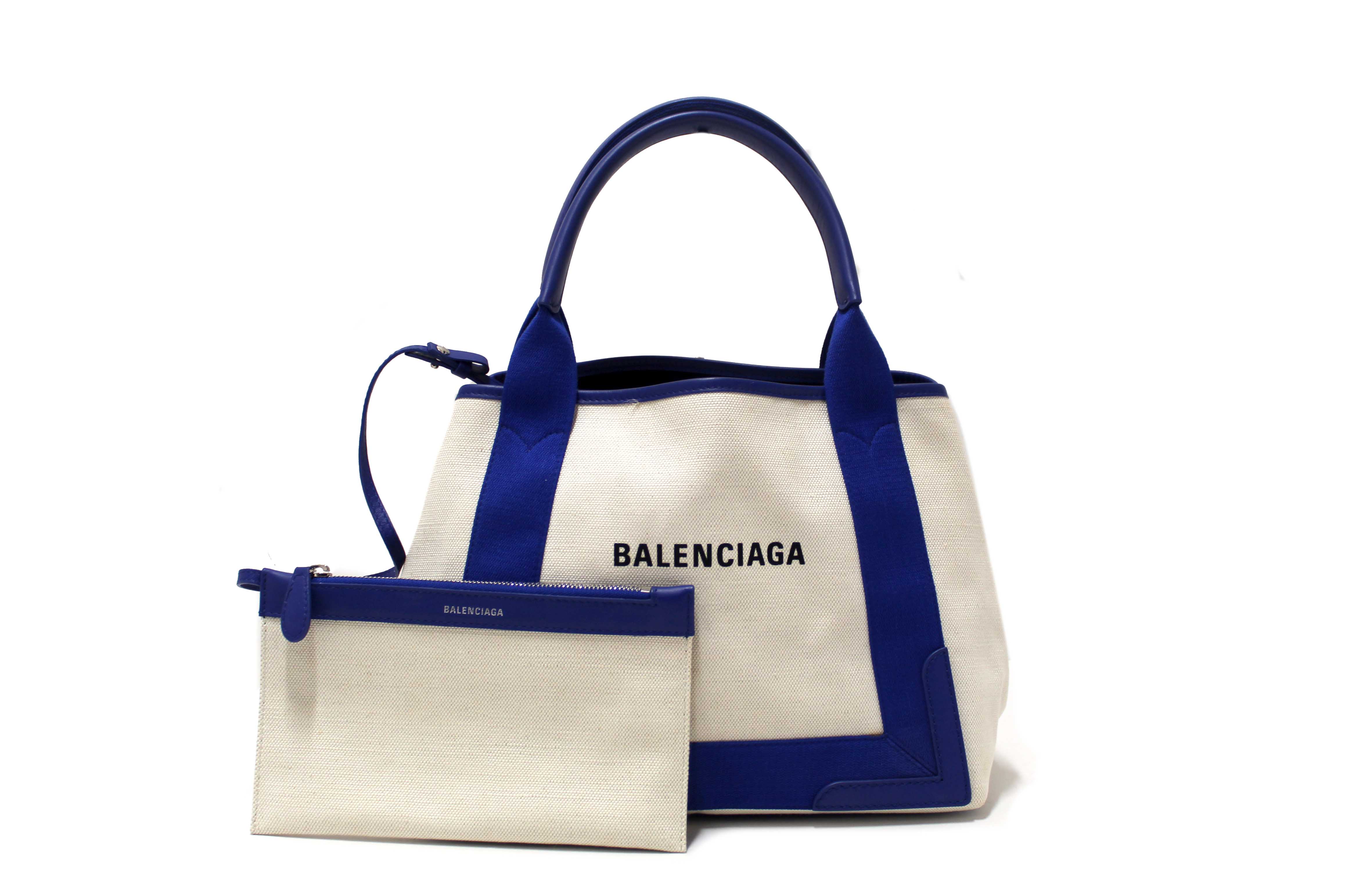 Authentic Balenciaga Blue Leather and White Canvas Small Cabas Tote Bag