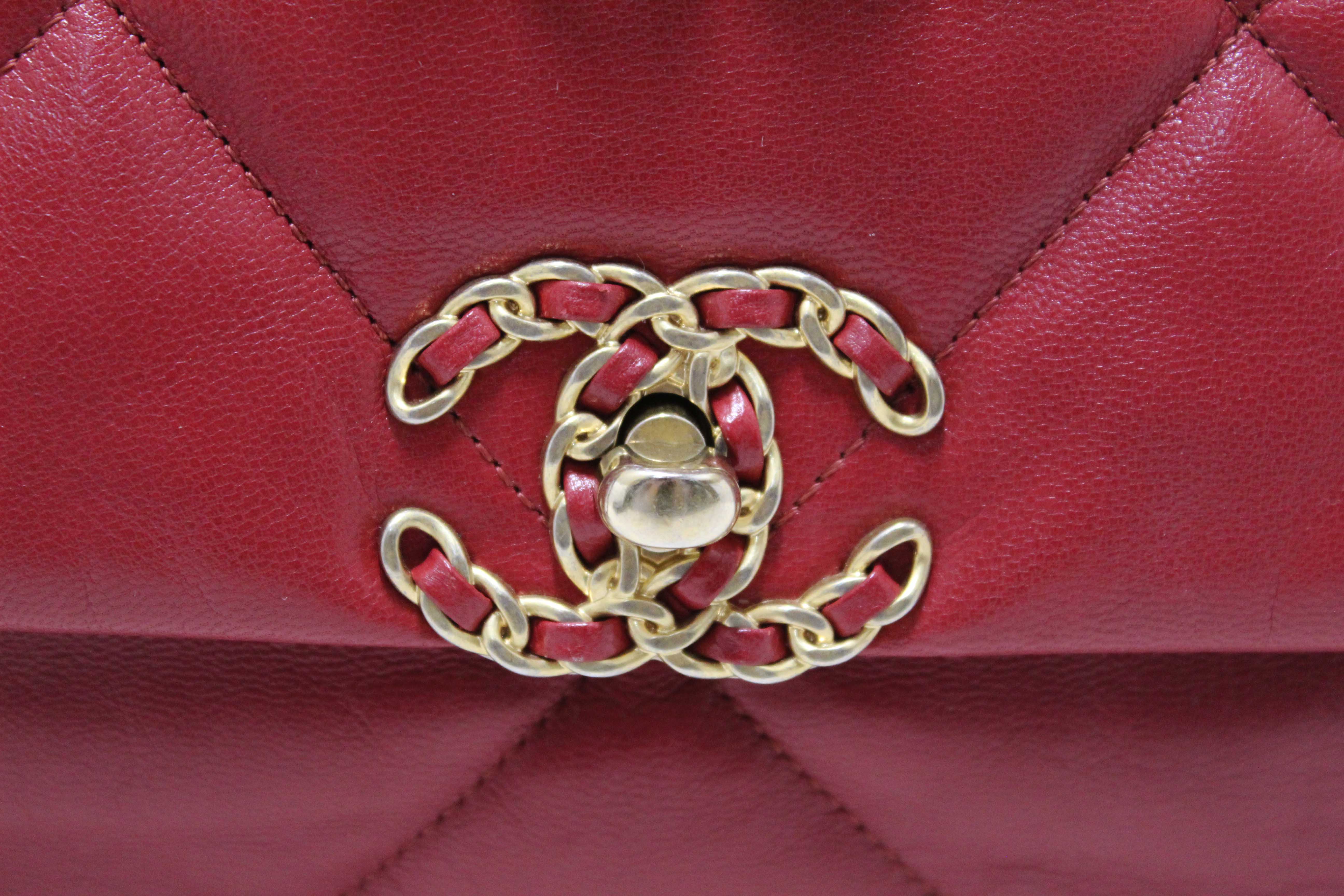 Authentic Chanel Red Quilted Lambskin Leather Chanel 19 Large Flap Shoulder Bag