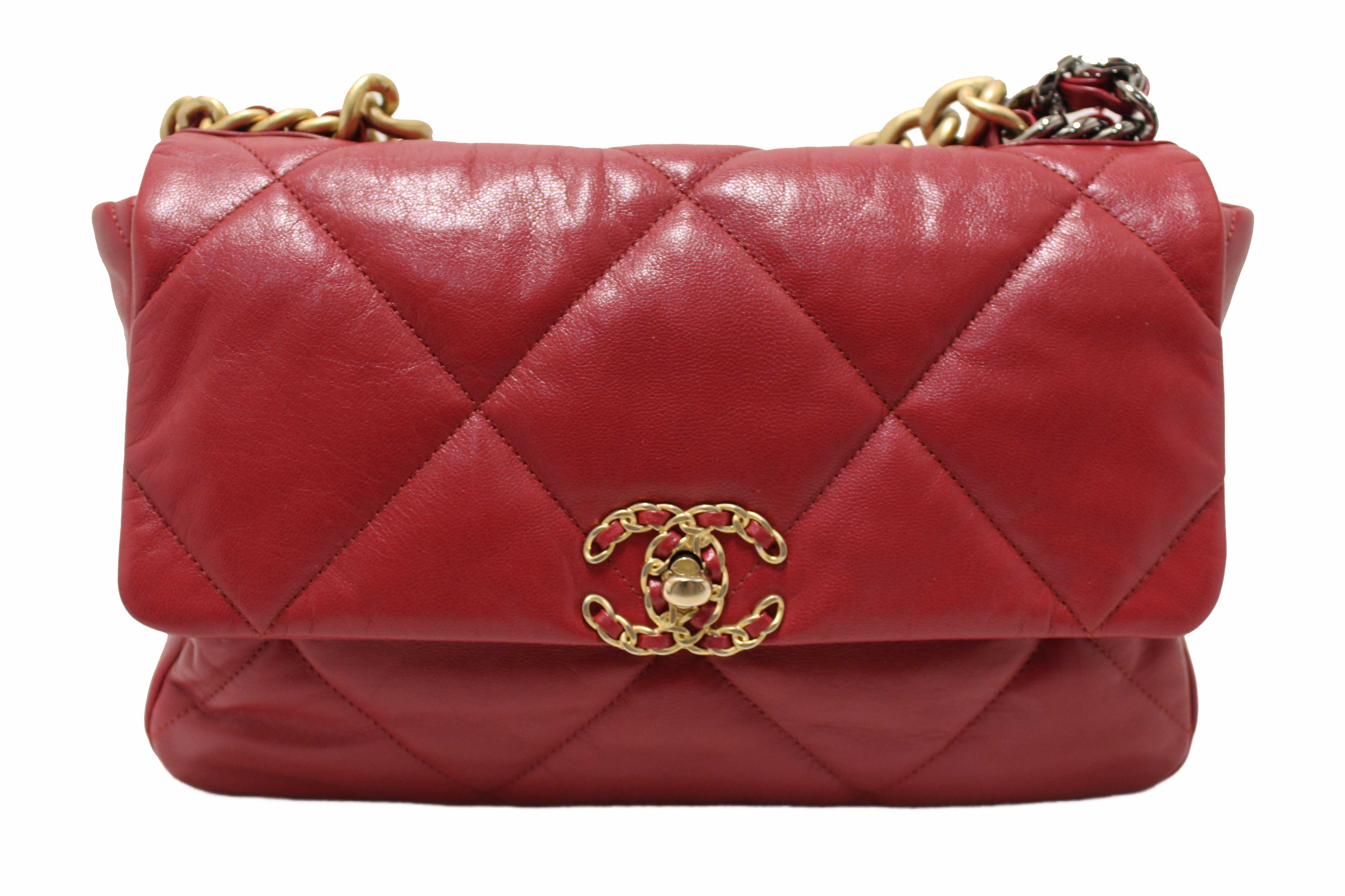 Authentic Chanel Red Quilted Lambskin Leather Chanel 19 Large Flap Shoulder Bag