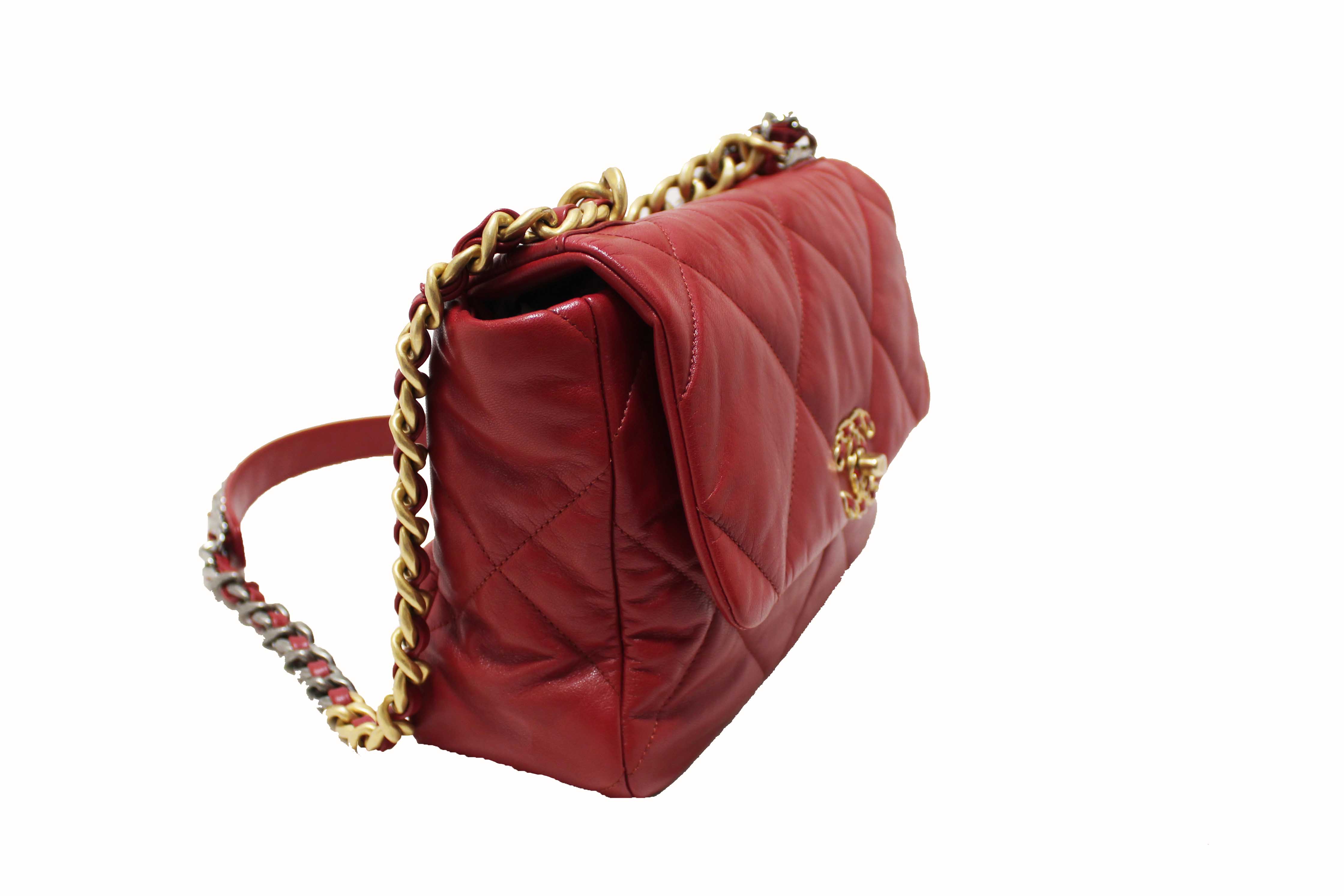 Authentic Chanel Red Quilted Lambskin Leather Chanel 19 Large Flap Shoulder Bag