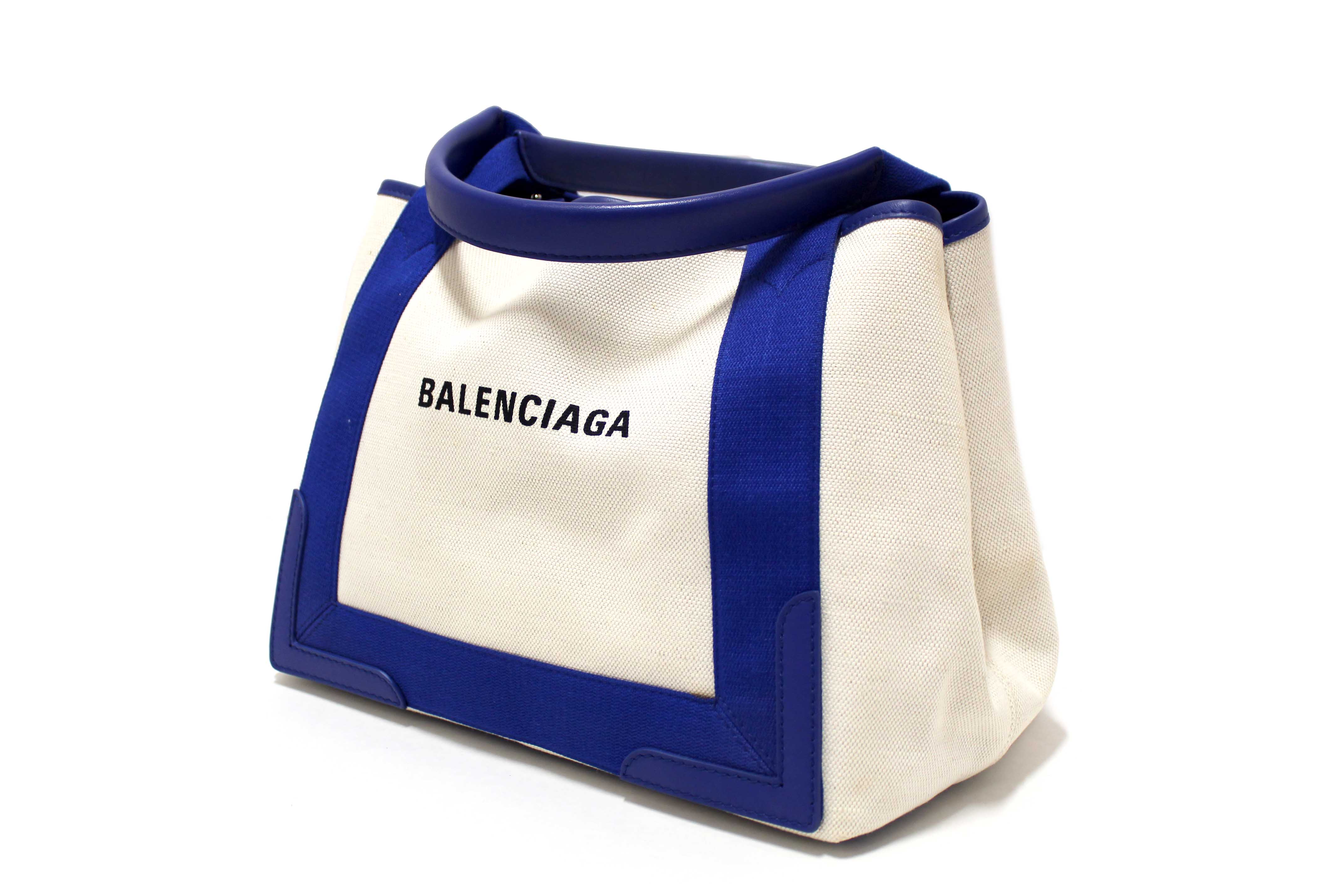 Authentic Balenciaga Blue Leather and White Canvas Small Cabas Tote Bag