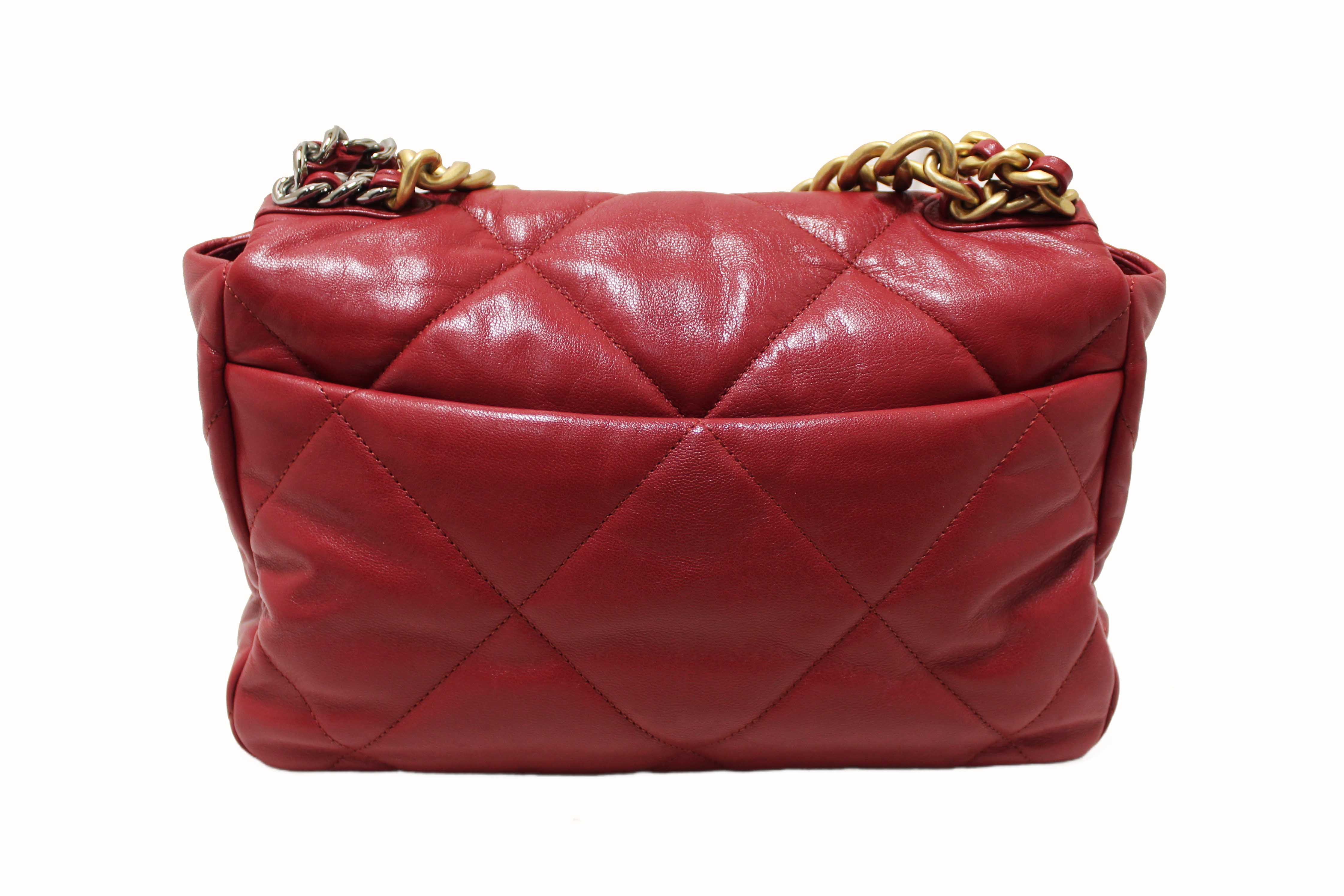 Authentic Chanel Red Quilted Lambskin Leather Chanel 19 Large Flap Shoulder Bag