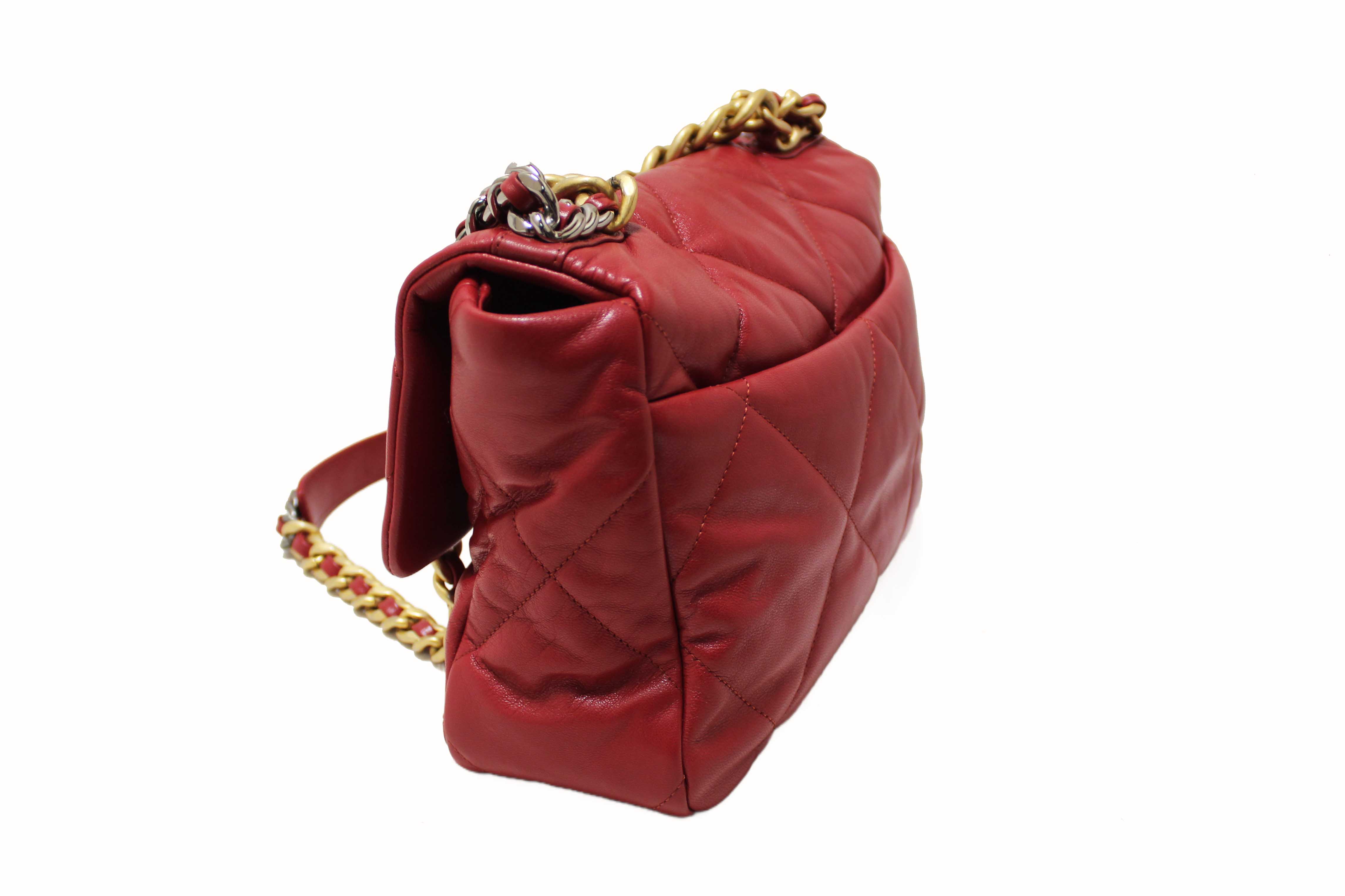 Authentic Chanel Red Quilted Lambskin Leather Chanel 19 Large Flap Shoulder Bag