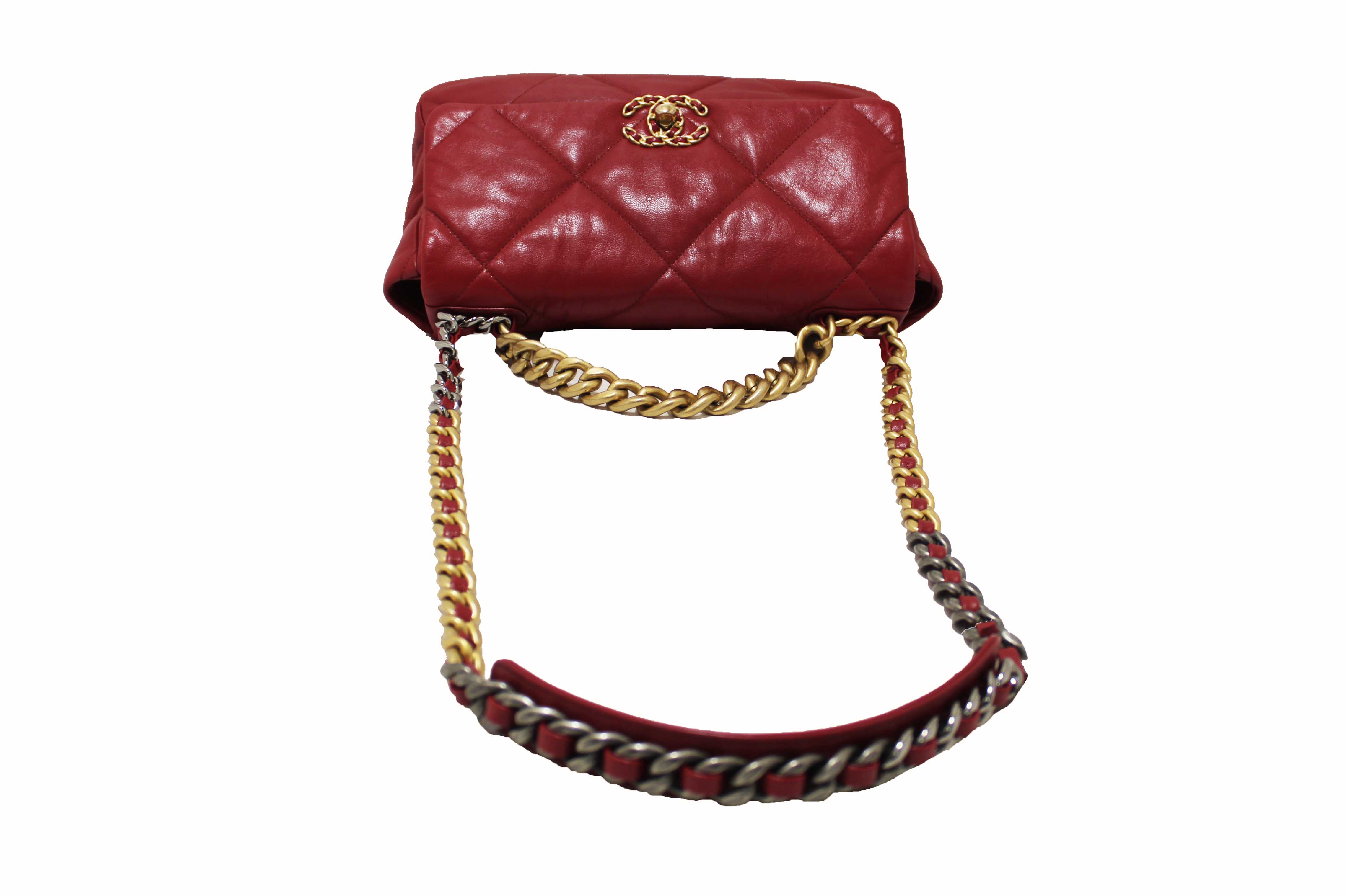 Authentic Chanel Red Quilted Lambskin Leather Chanel 19 Large Flap Shoulder Bag