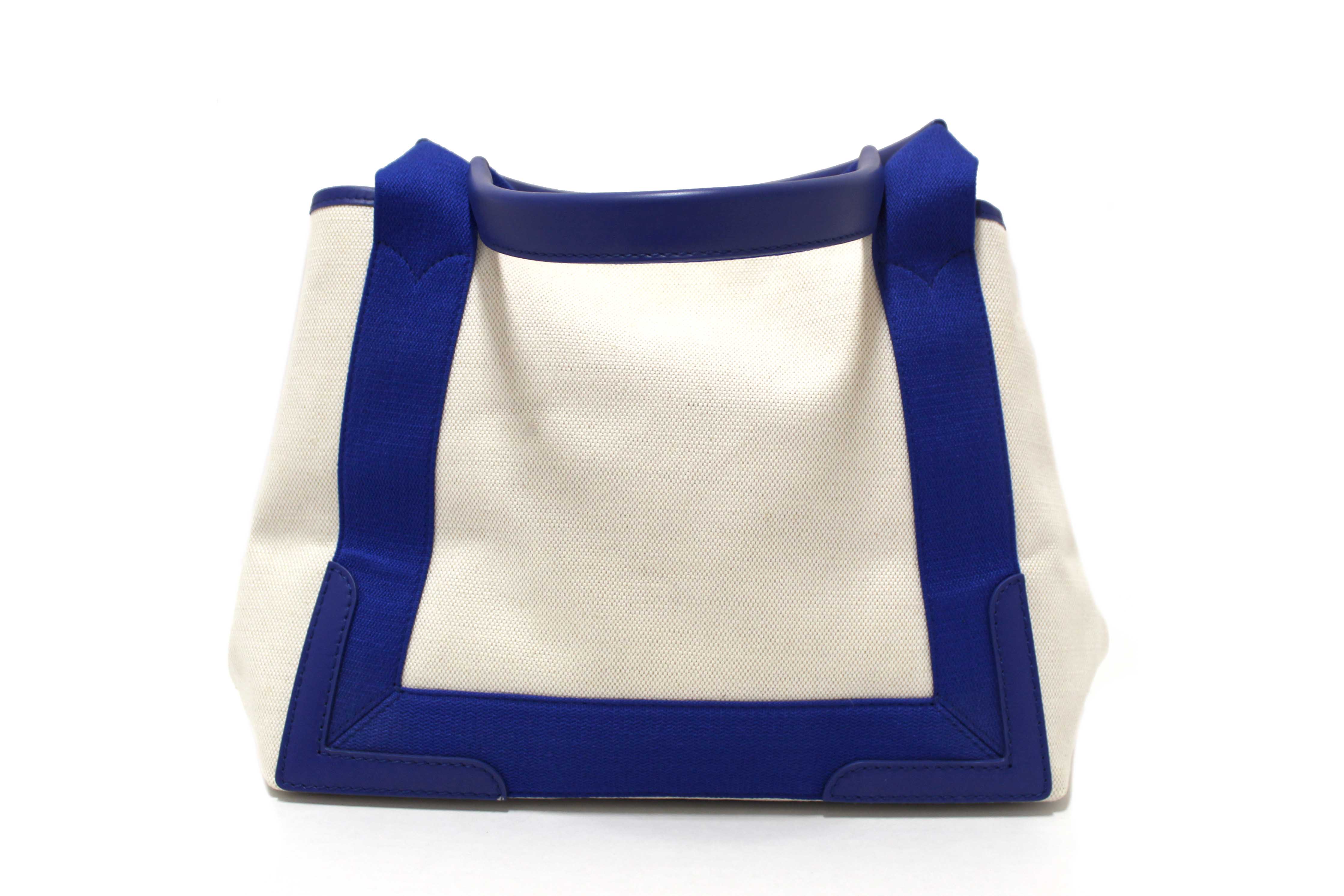 Authentic Balenciaga Blue Leather and White Canvas Small Cabas Tote Bag