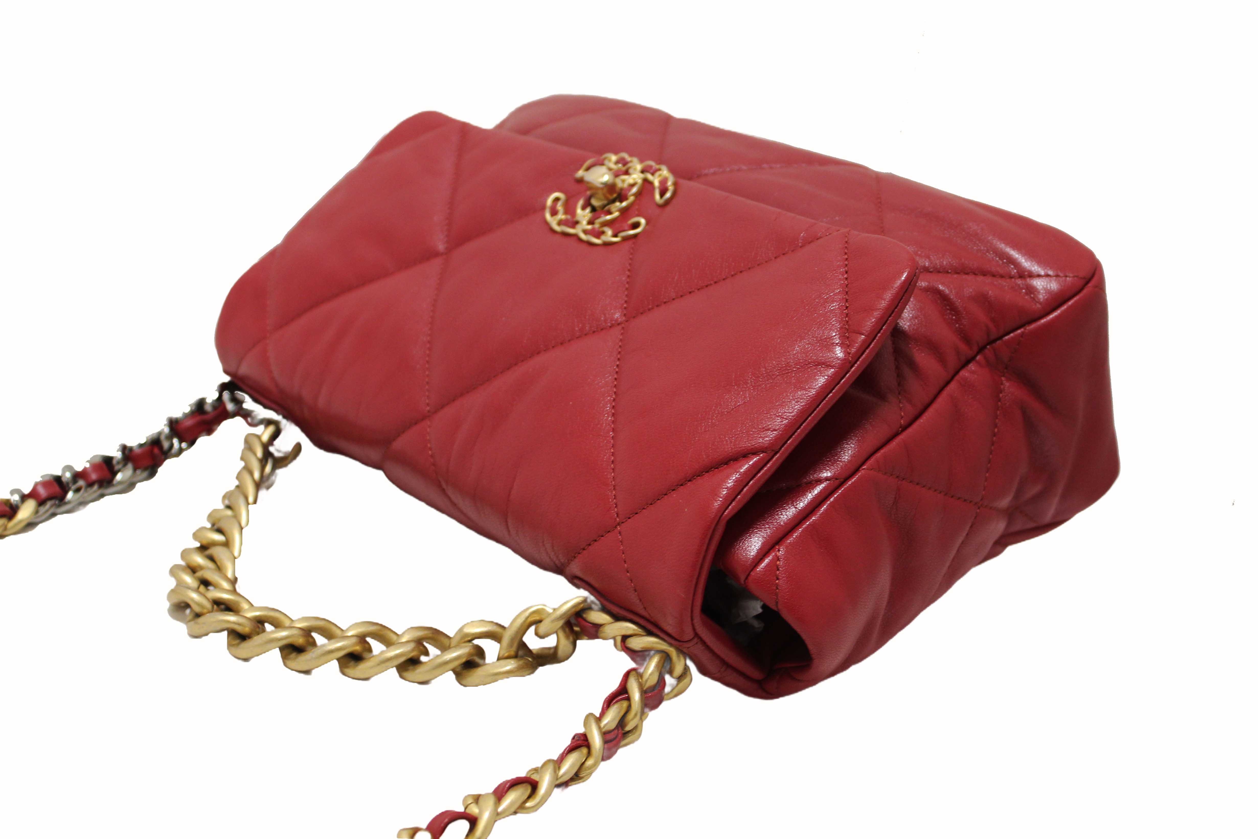 Authentic Chanel Red Quilted Lambskin Leather Chanel 19 Large Flap Shoulder Bag