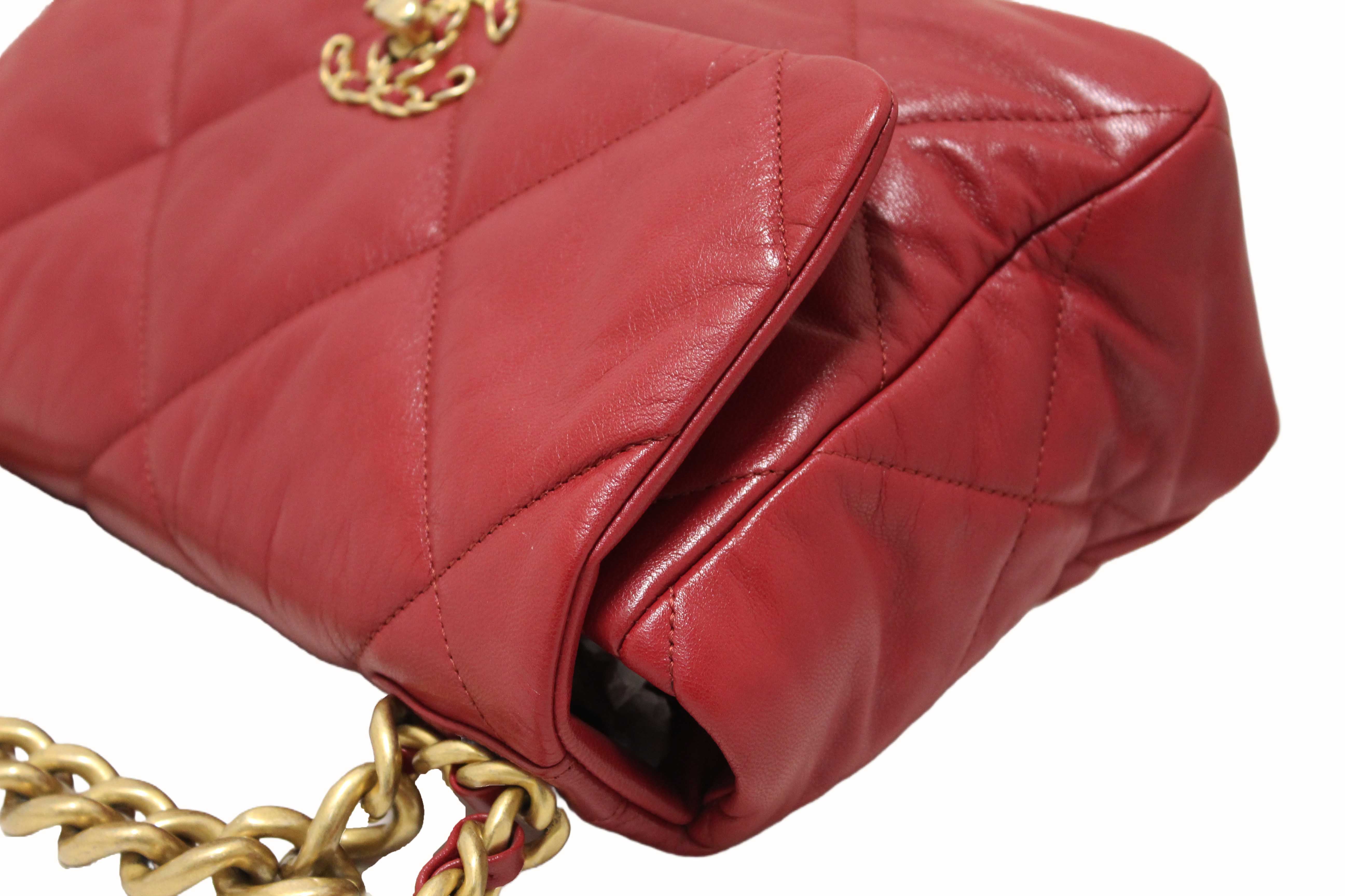 Authentic Chanel Red Quilted Lambskin Leather Chanel 19 Large Flap Shoulder Bag