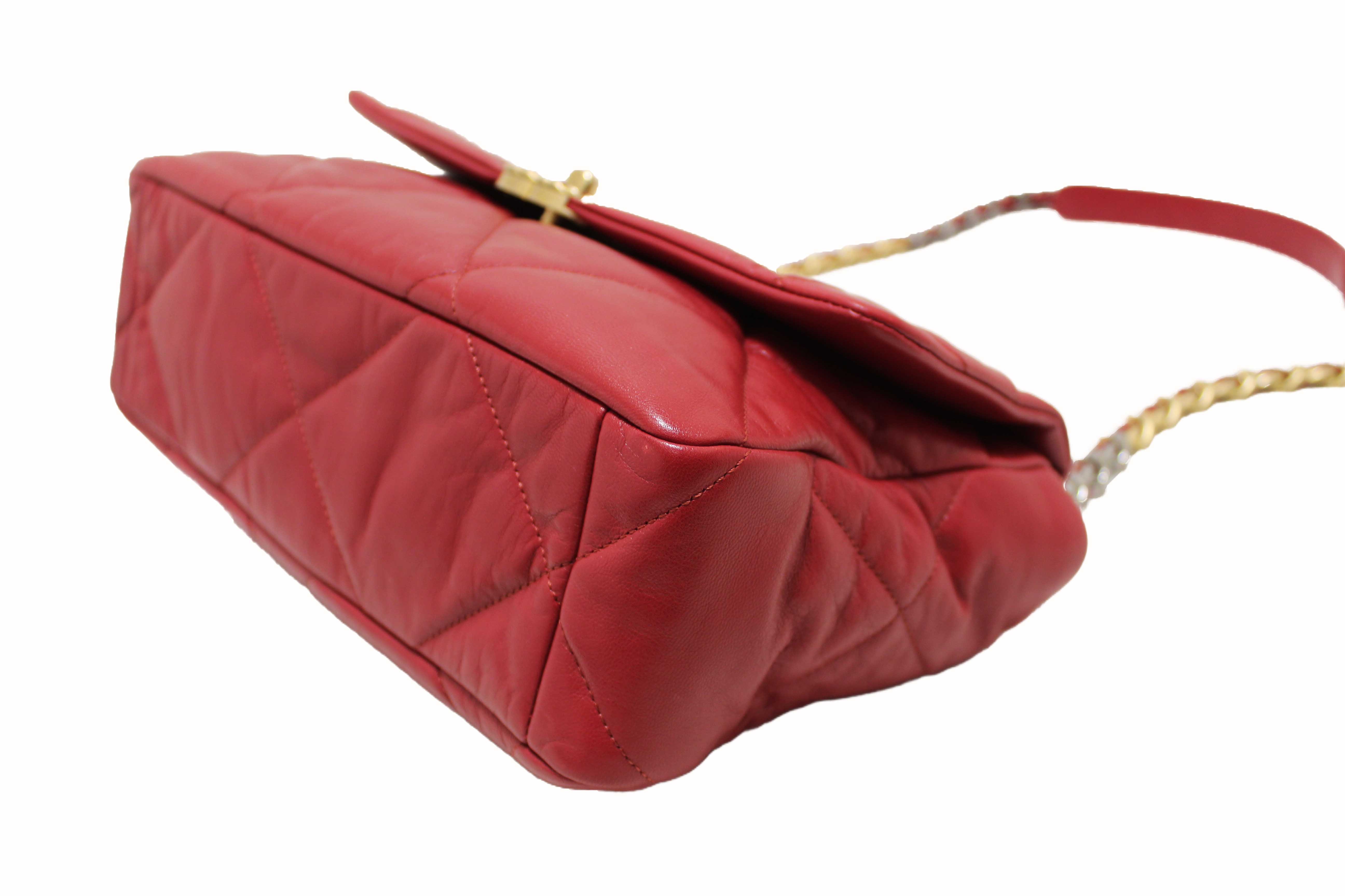 Authentic Chanel Red Quilted Lambskin Leather Chanel 19 Large Flap Shoulder Bag