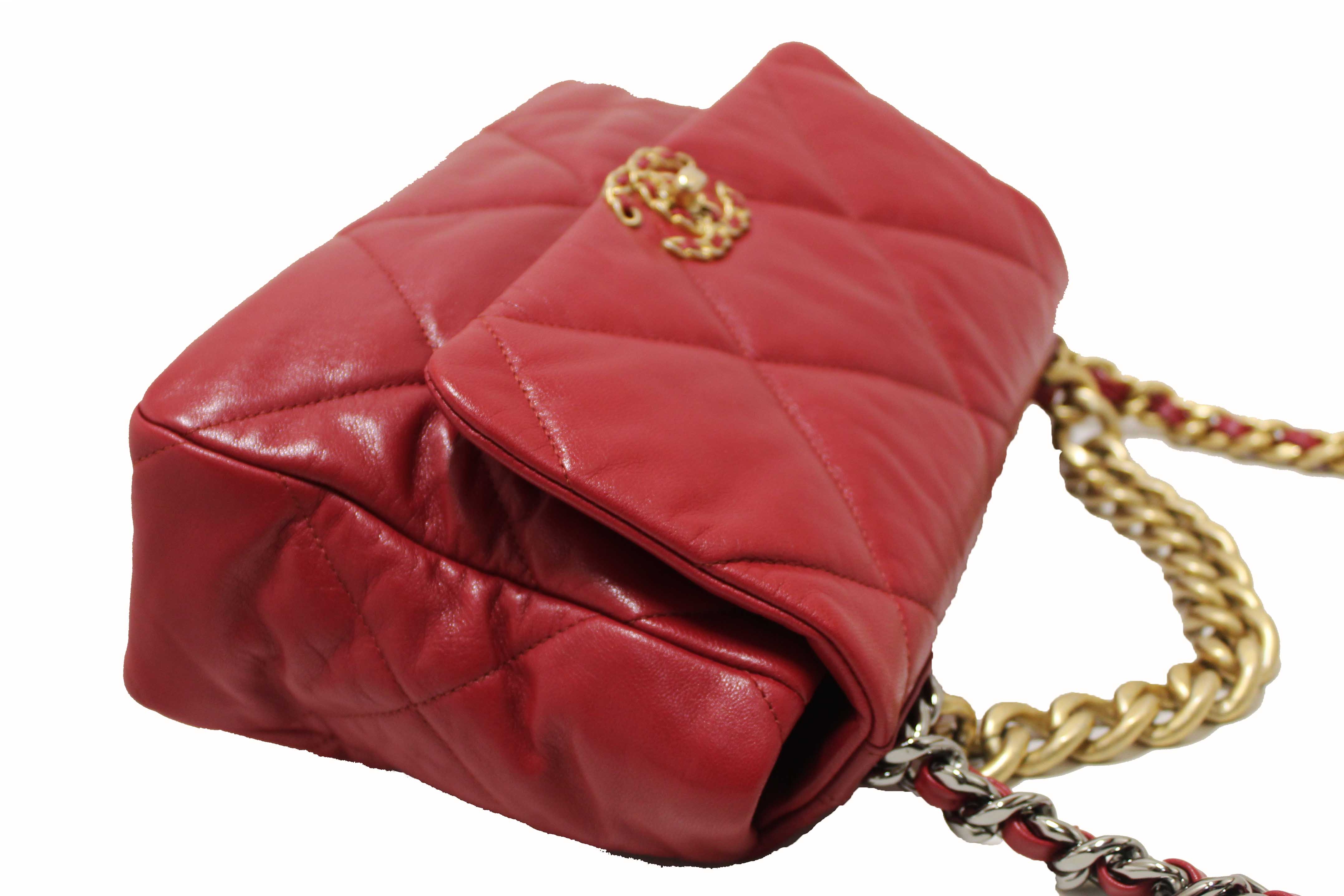 Authentic Chanel Red Quilted Lambskin Leather Chanel 19 Large Flap Shoulder Bag
