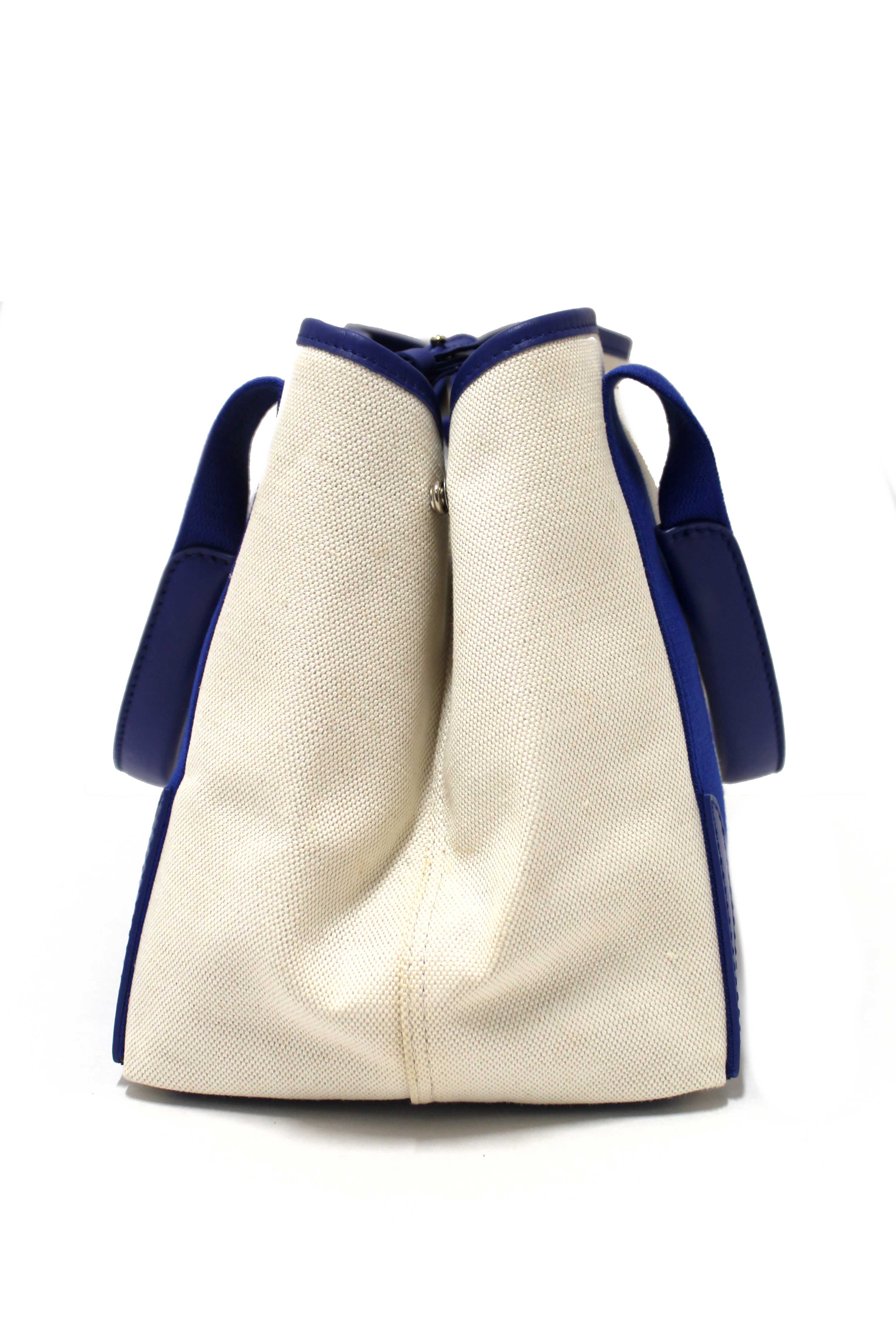 Authentic Balenciaga Blue Leather and White Canvas Small Cabas Tote Bag