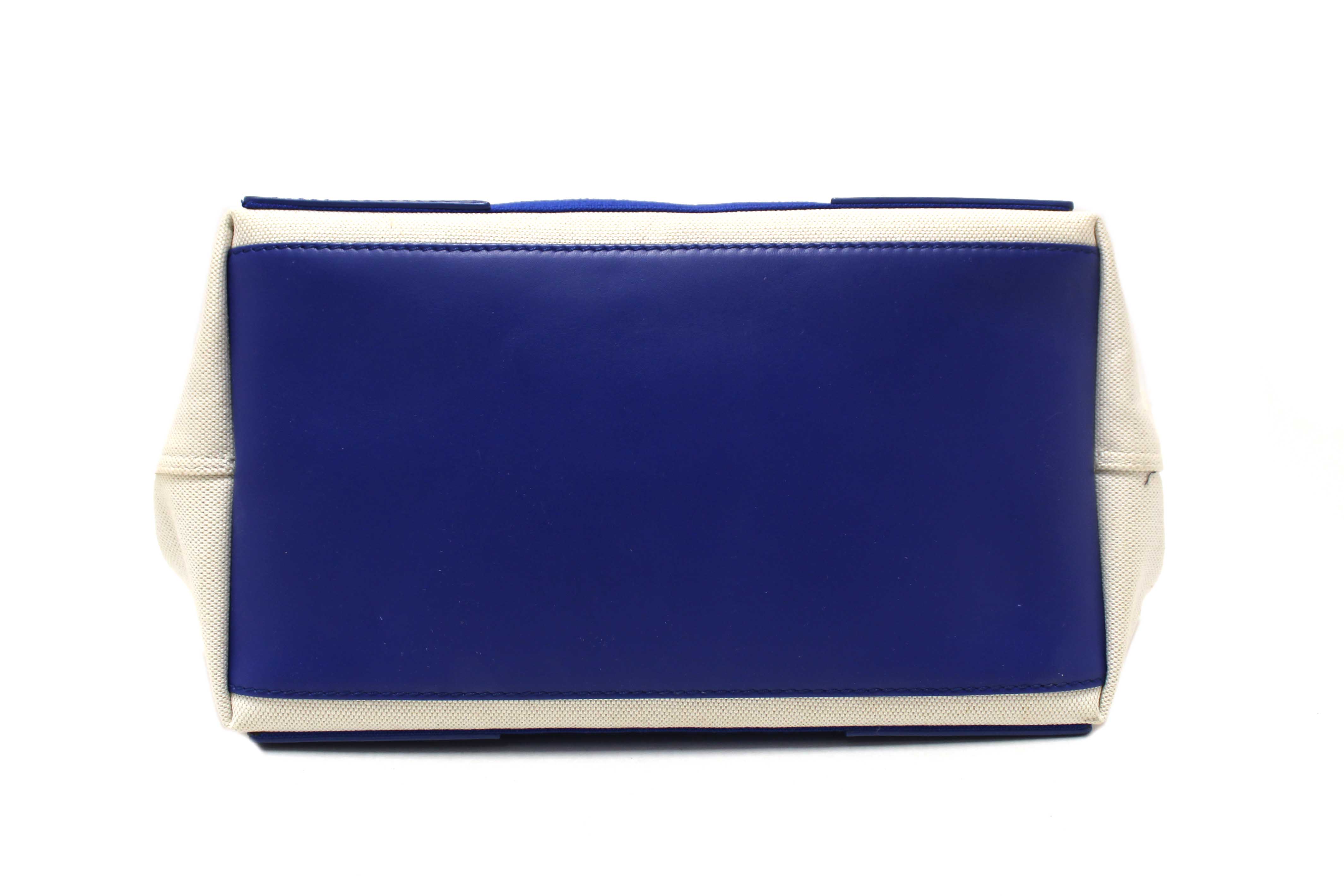 Authentic Balenciaga Blue Leather and White Canvas Small Cabas Tote Bag
