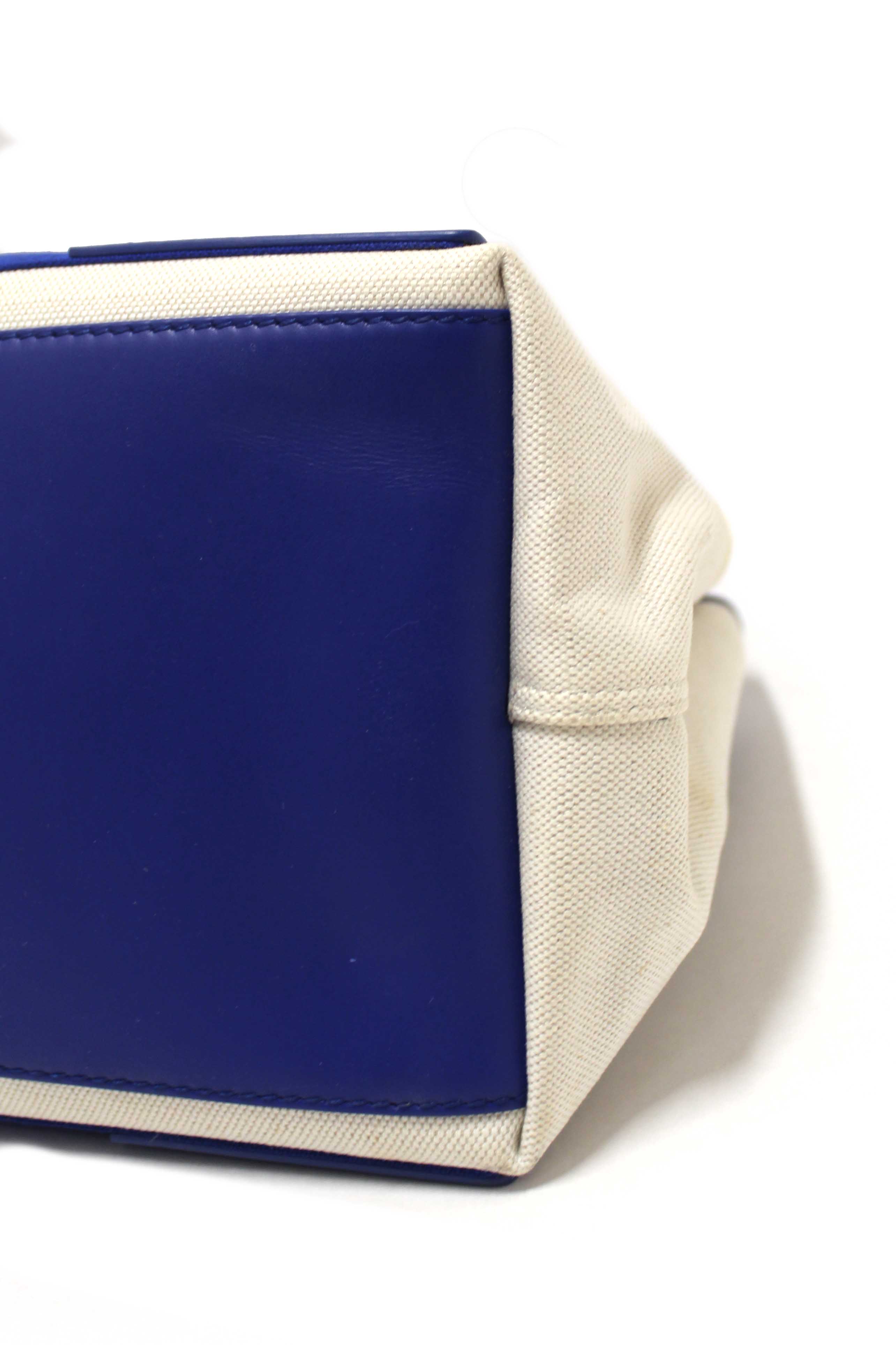 Authentic Balenciaga Blue Leather and White Canvas Small Cabas Tote Bag