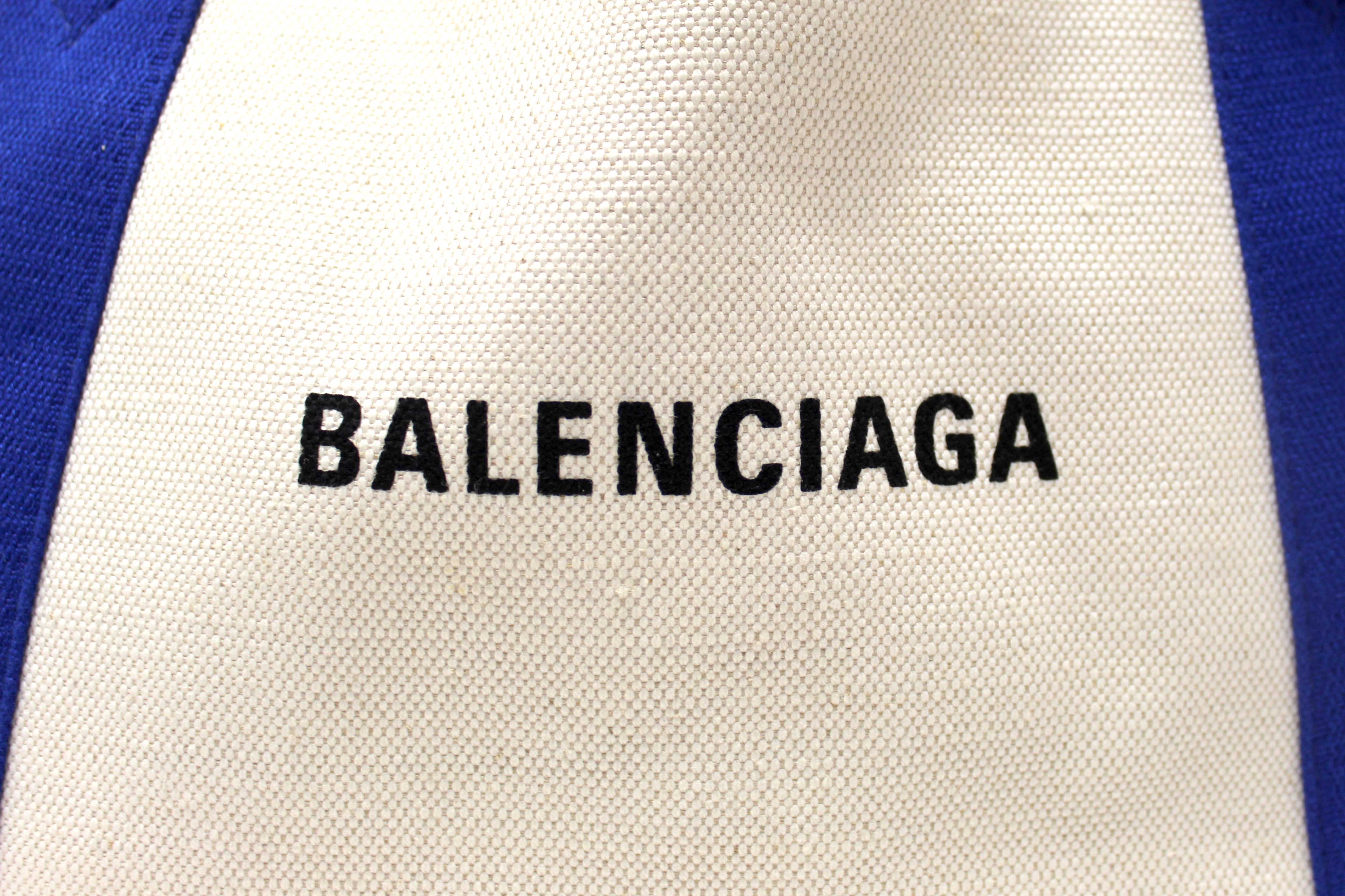 Authentic Balenciaga Blue Leather and White Canvas Small Cabas Tote Bag