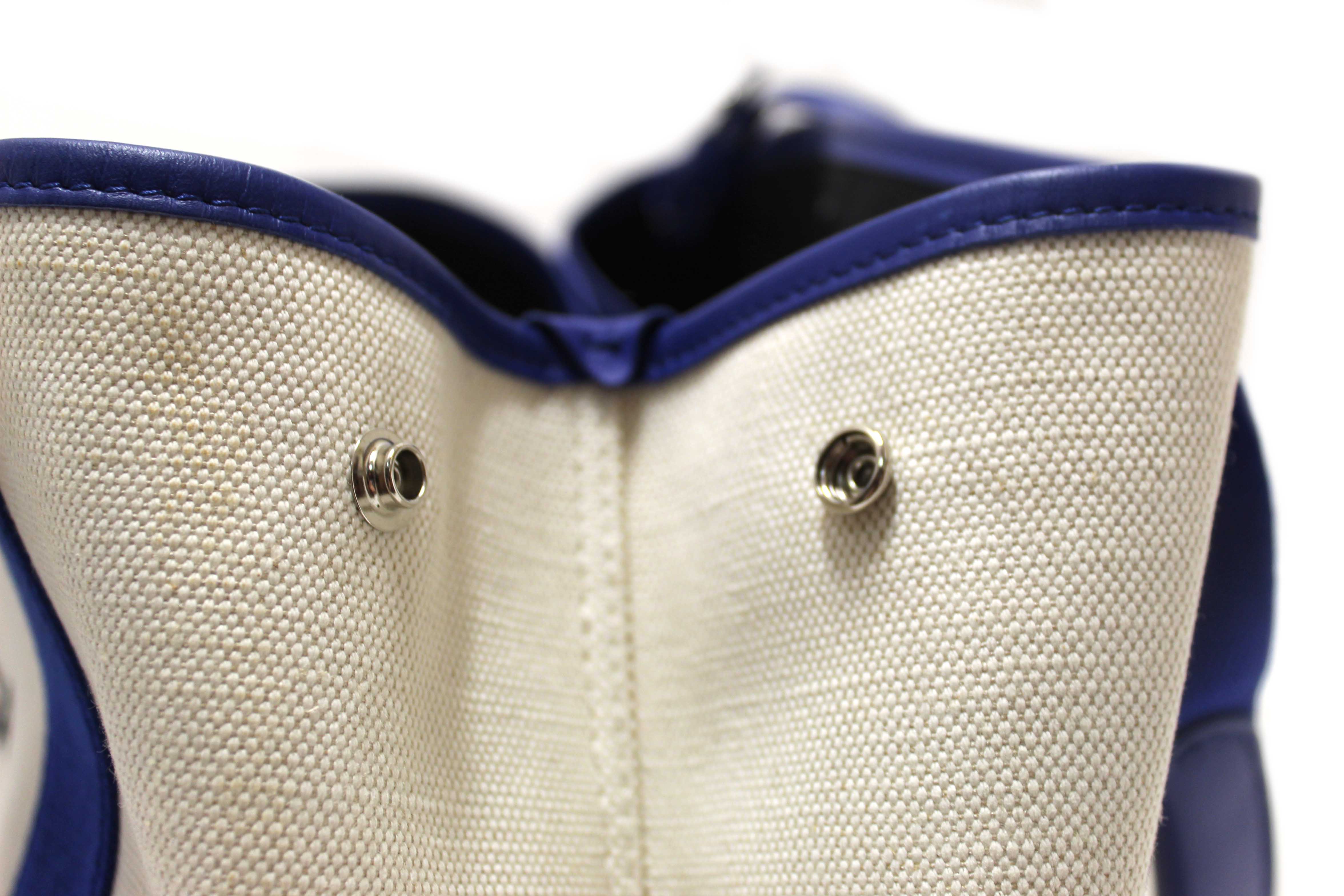 Authentic Balenciaga Blue Leather and White Canvas Small Cabas Tote Bag