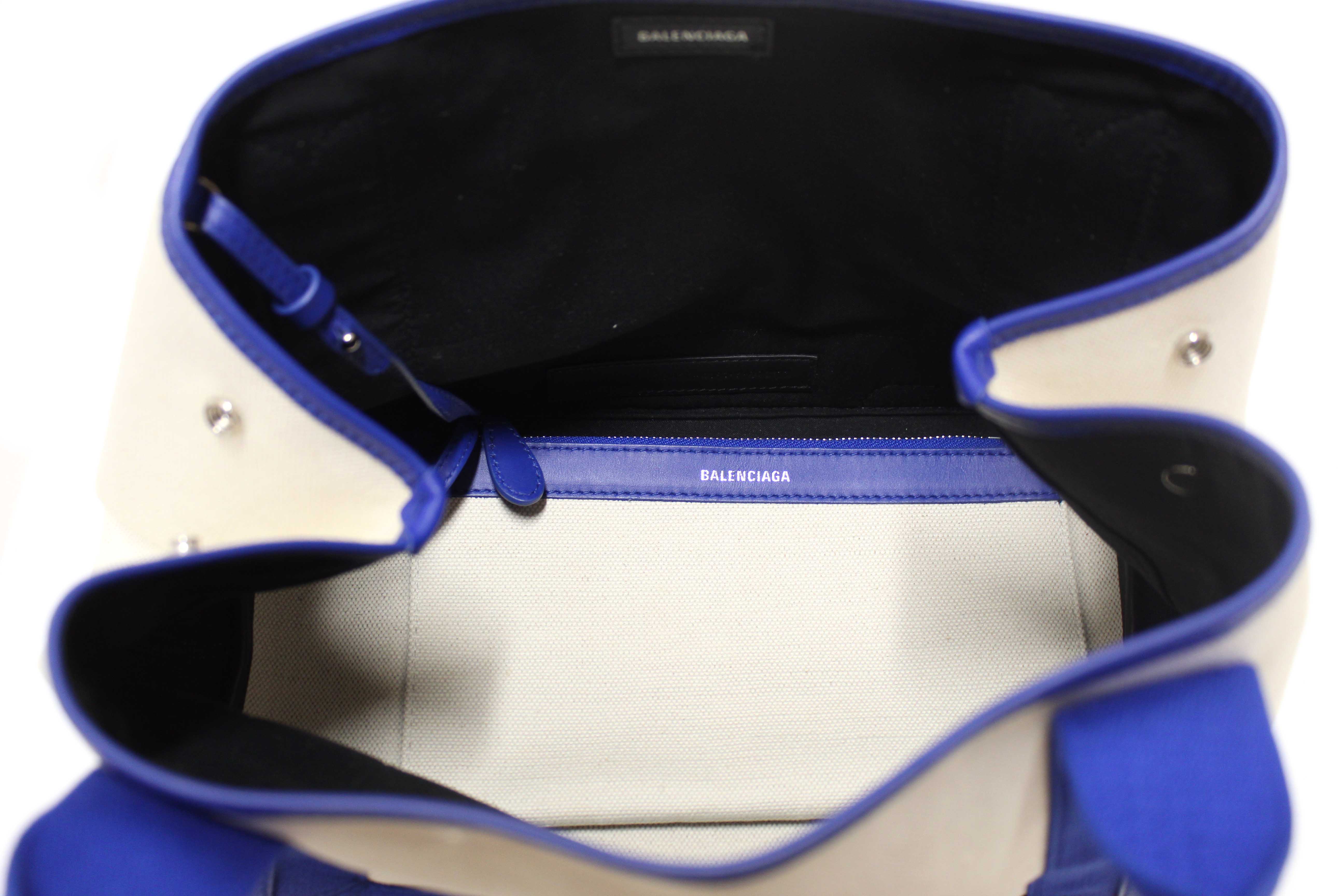 Authentic Balenciaga Blue Leather and White Canvas Small Cabas Tote Bag