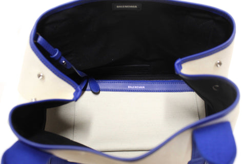 Authentic Balenciaga Blue Leather and White Canvas Small Cabas Tote Bag