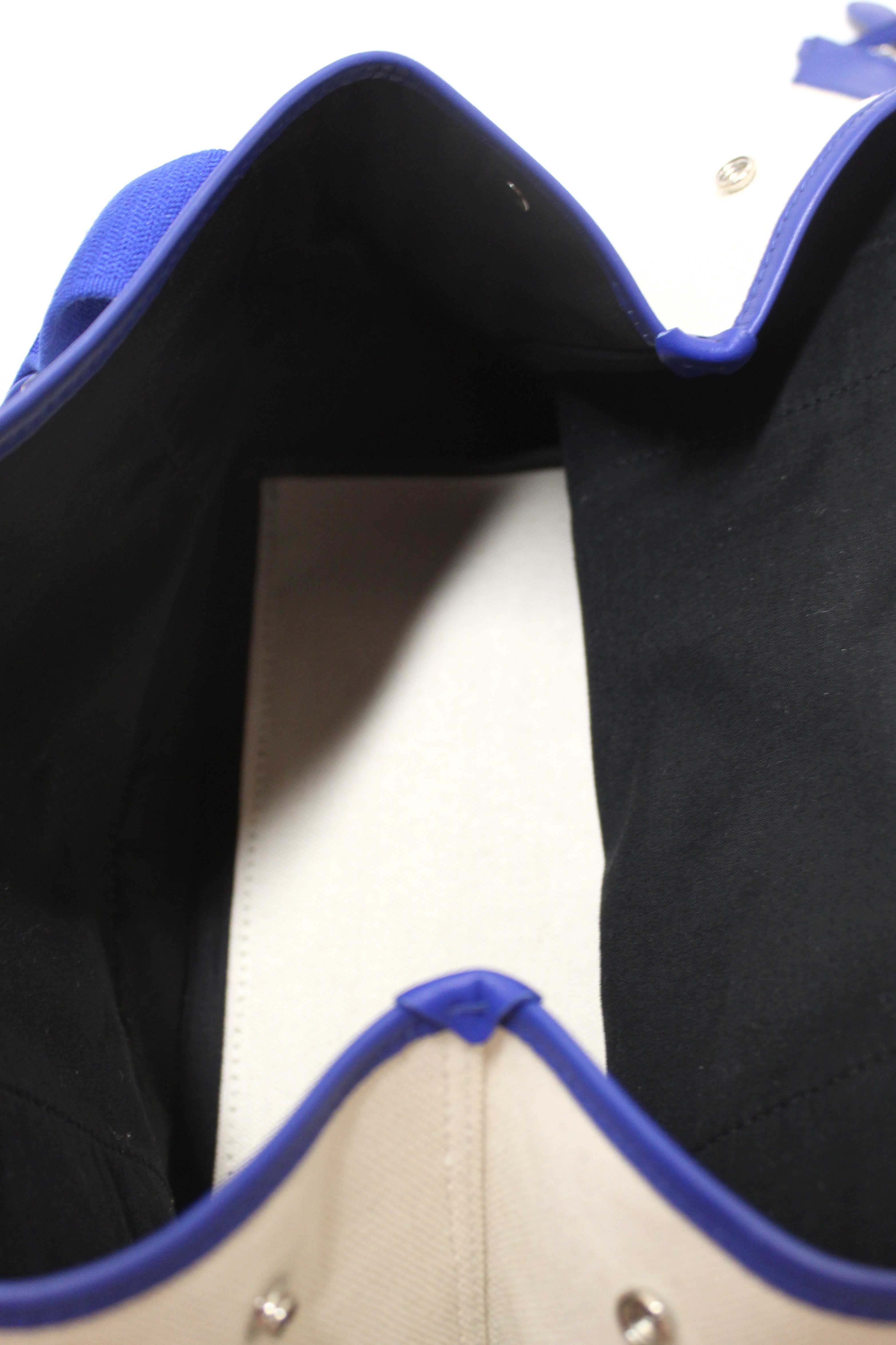 Authentic Balenciaga Blue Leather and White Canvas Small Cabas Tote Bag