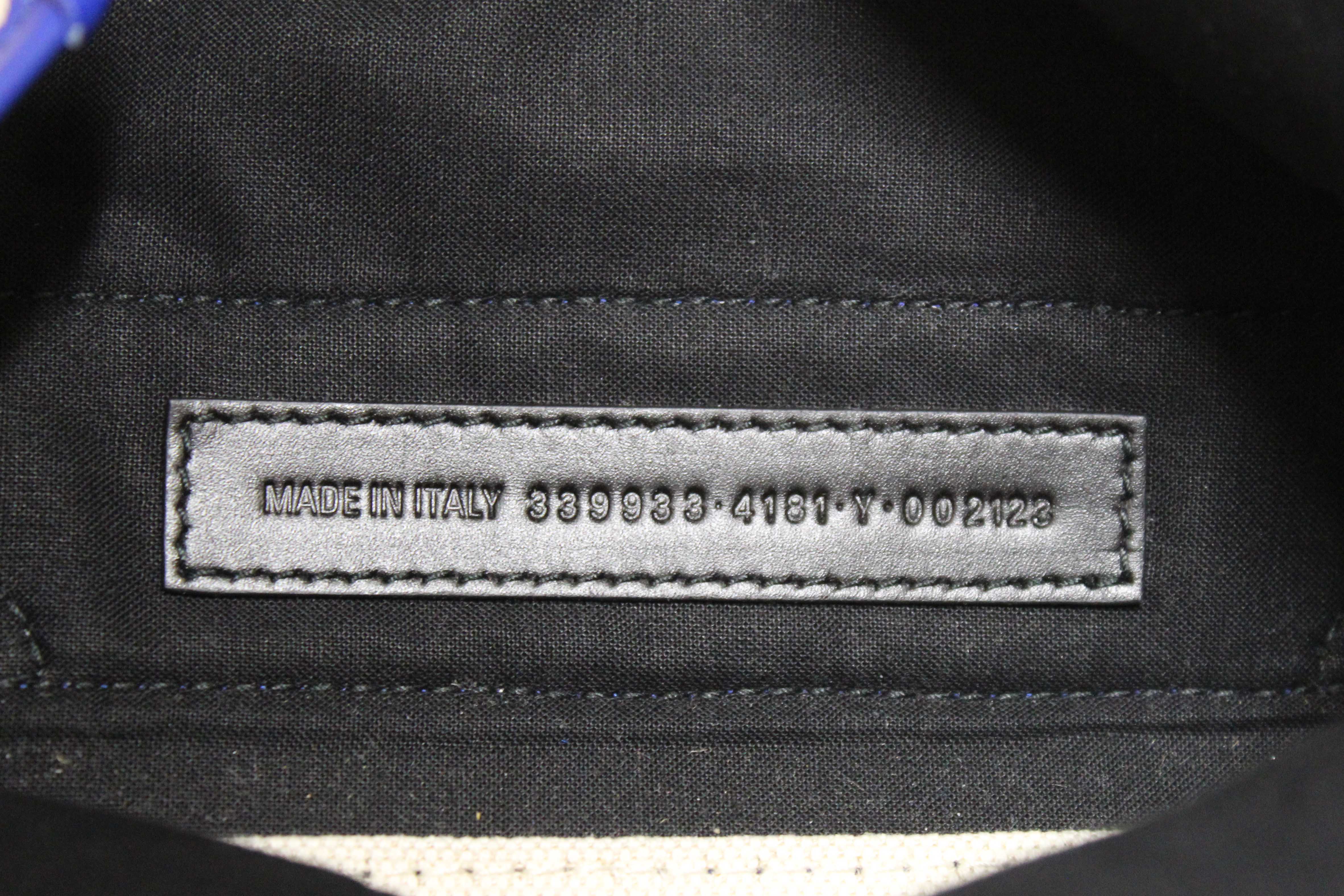 Authentic Balenciaga Blue Leather and White Canvas Small Cabas Tote Bag