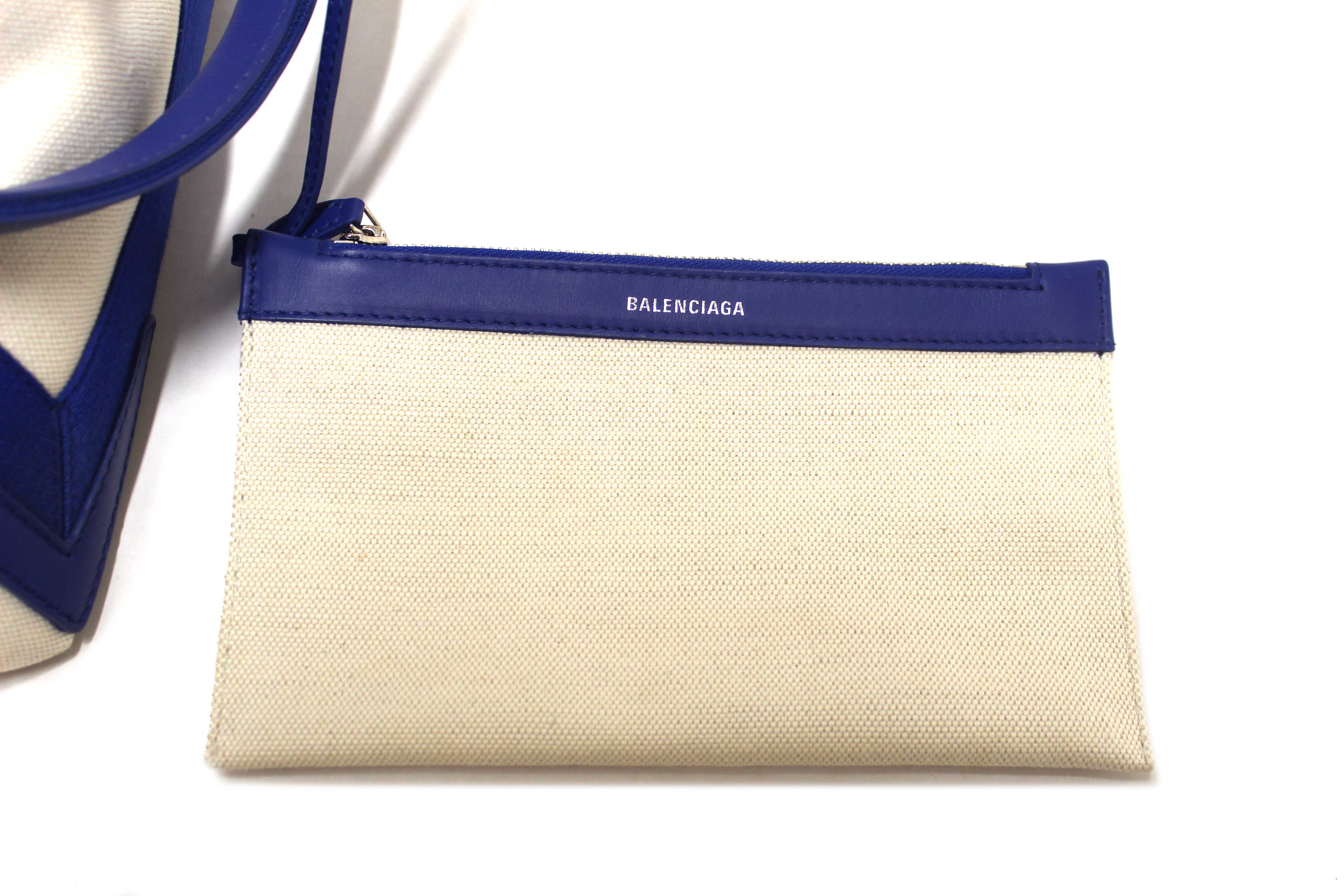Authentic Balenciaga Blue Leather and White Canvas Small Cabas Tote Bag
