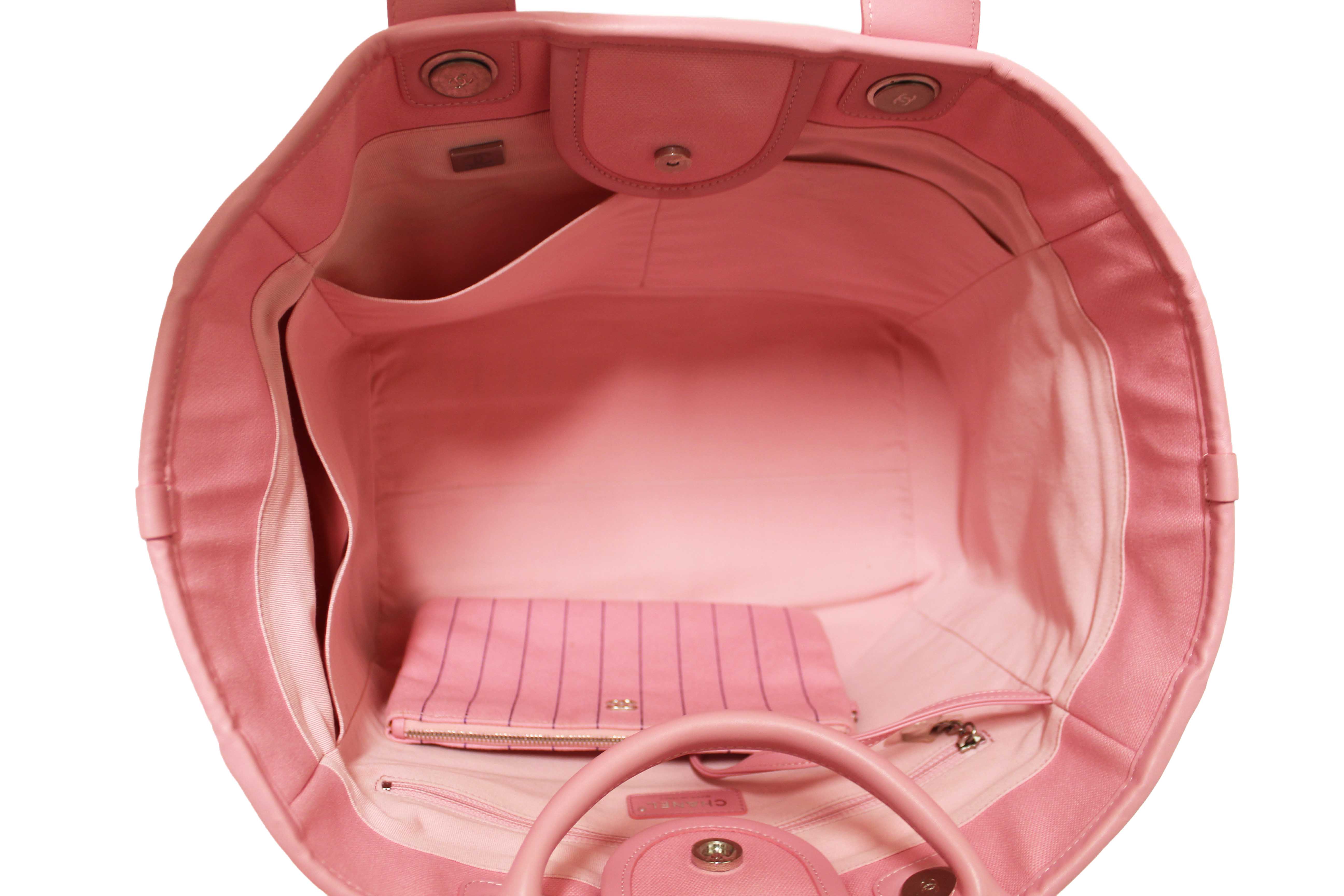 Authentic Chanel Pink Pinstripe Canvas Medium Deauville Shopping Tote