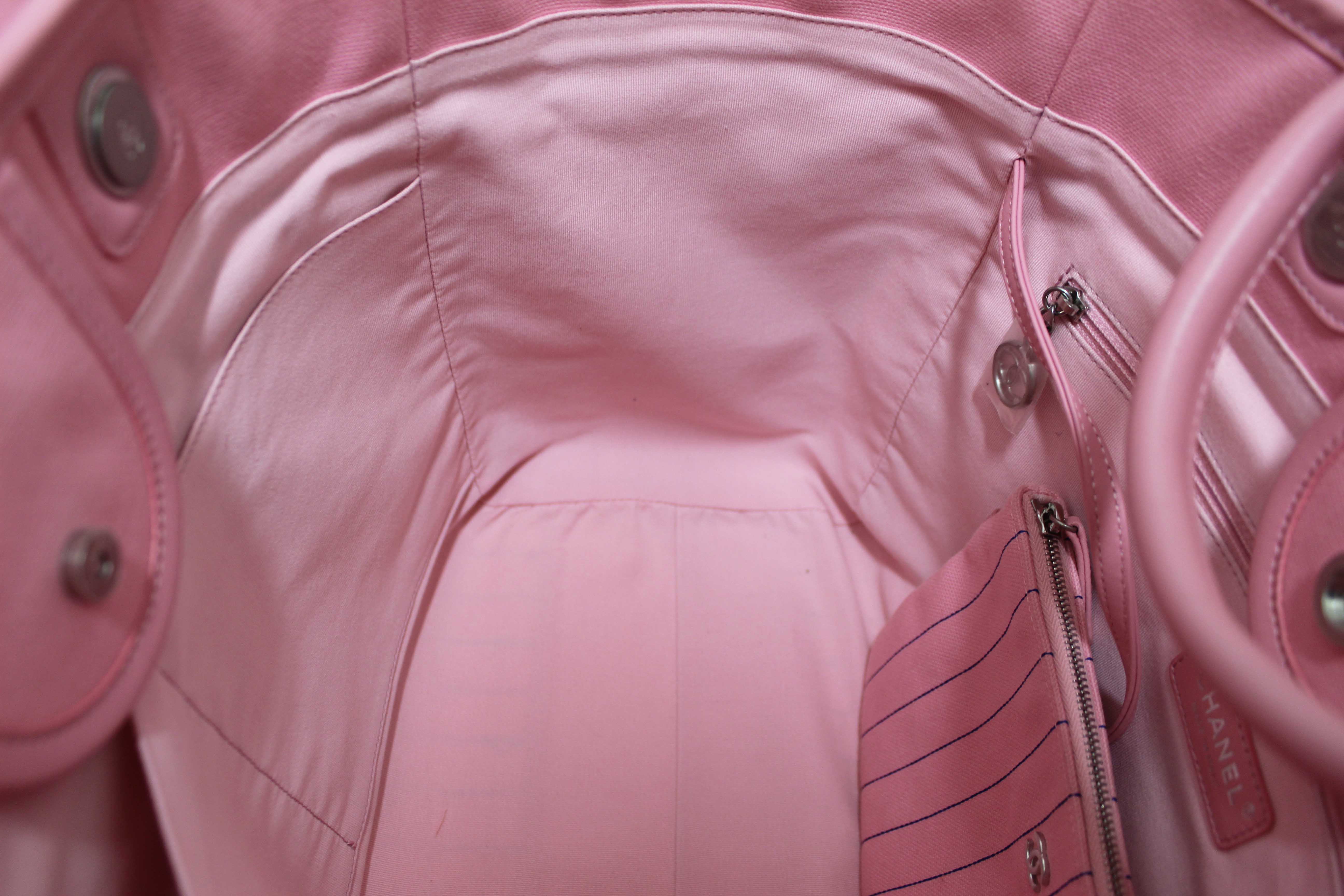Authentic Chanel Pink Pinstripe Canvas Medium Deauville Shopping Tote