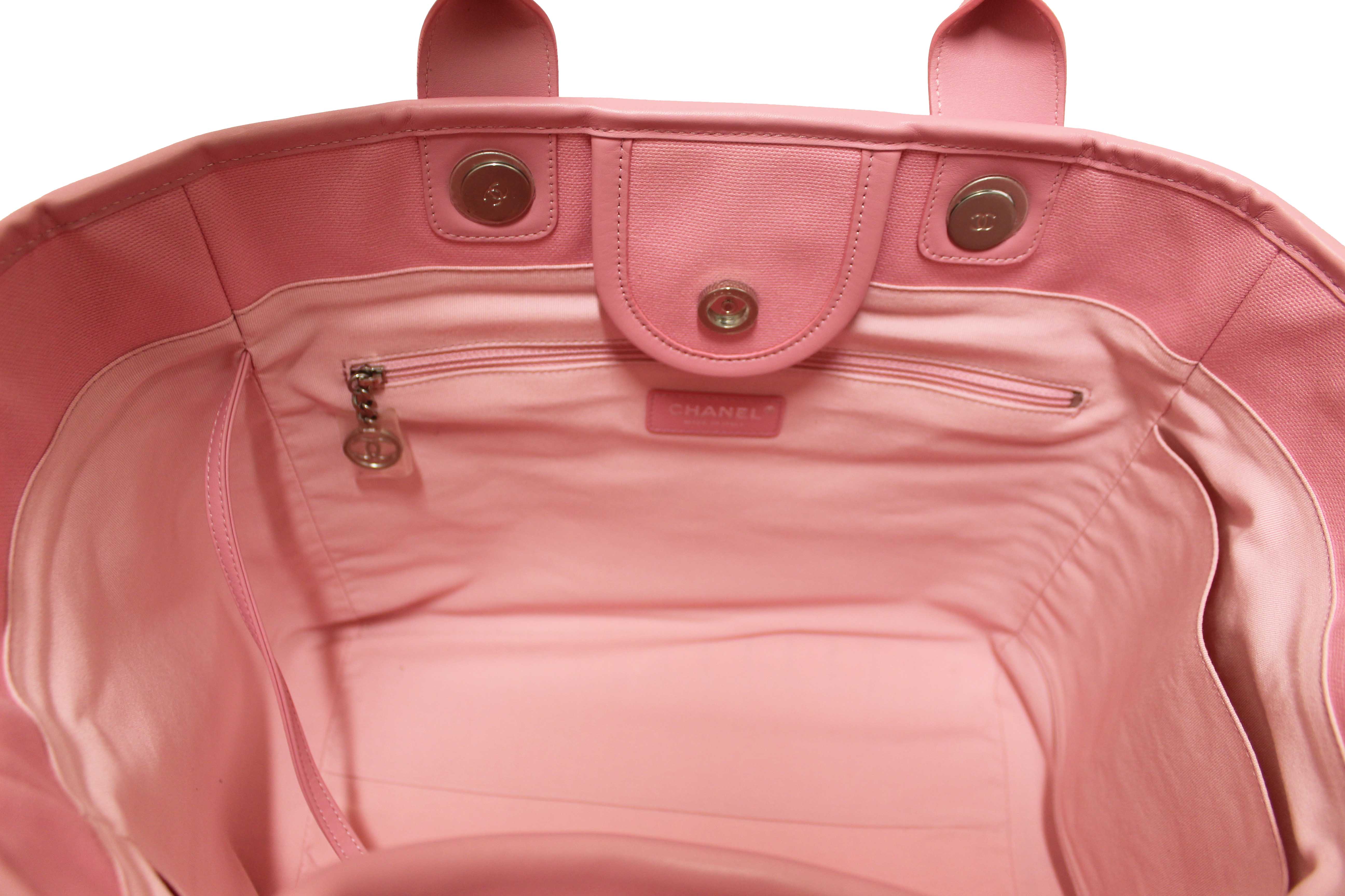 Authentic Chanel Pink Pinstripe Canvas Medium Deauville Shopping Tote